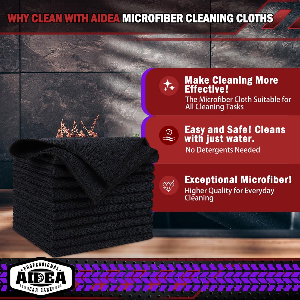 Aidea Microfiber Cleaning Cloth Black 10Pk, Microfiber Towels For Cars, Premium Car Cloth, Dusting Cloth Lint Free Cleaning Rags