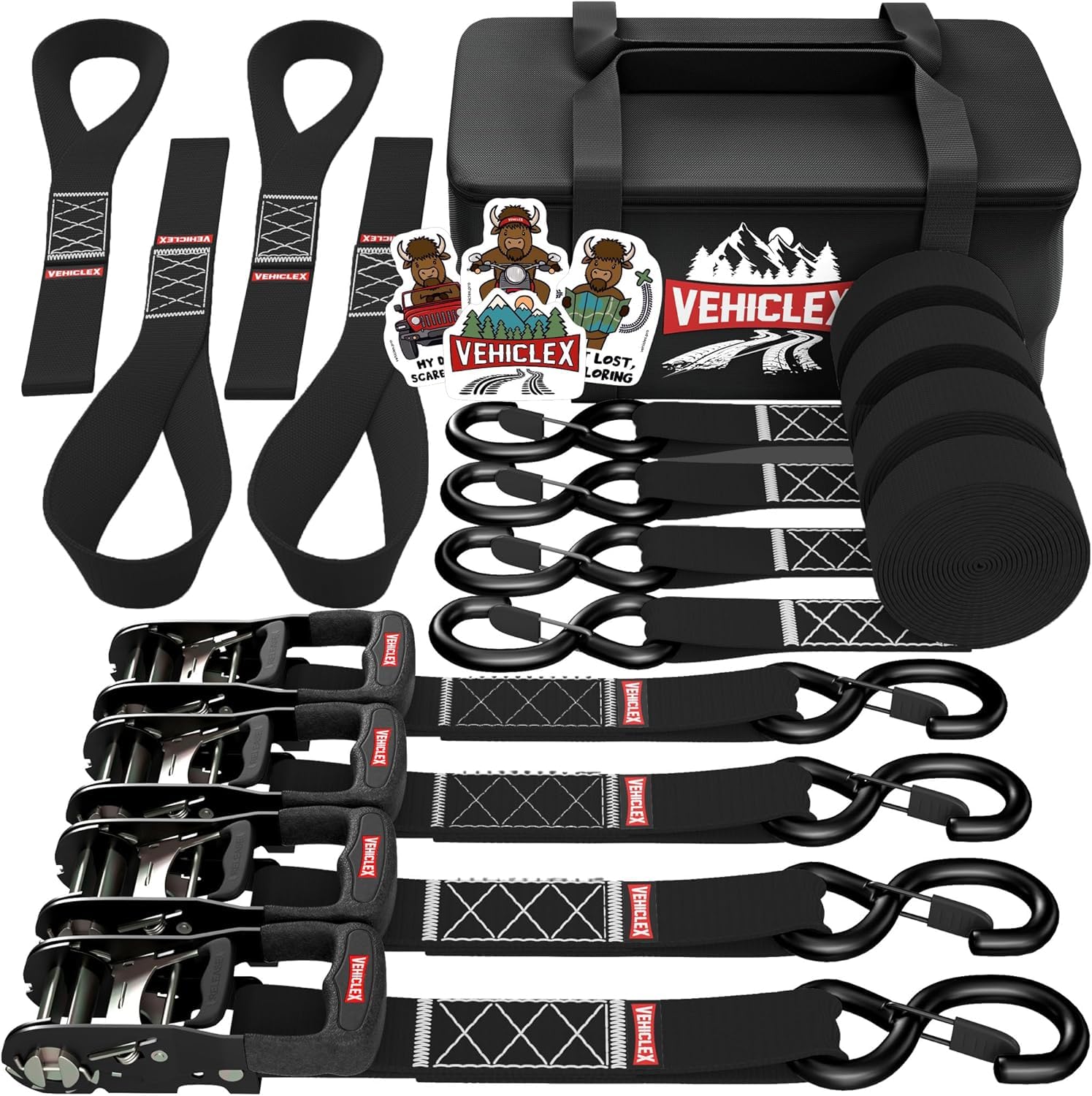 Motorcycle Ratchet Tie Down Straps With Soft Loops - Vehiclex 4Pk Heavy Duty 1.5'' X 15Ft Kit, 4,400 Lb Breaking Strength For Po