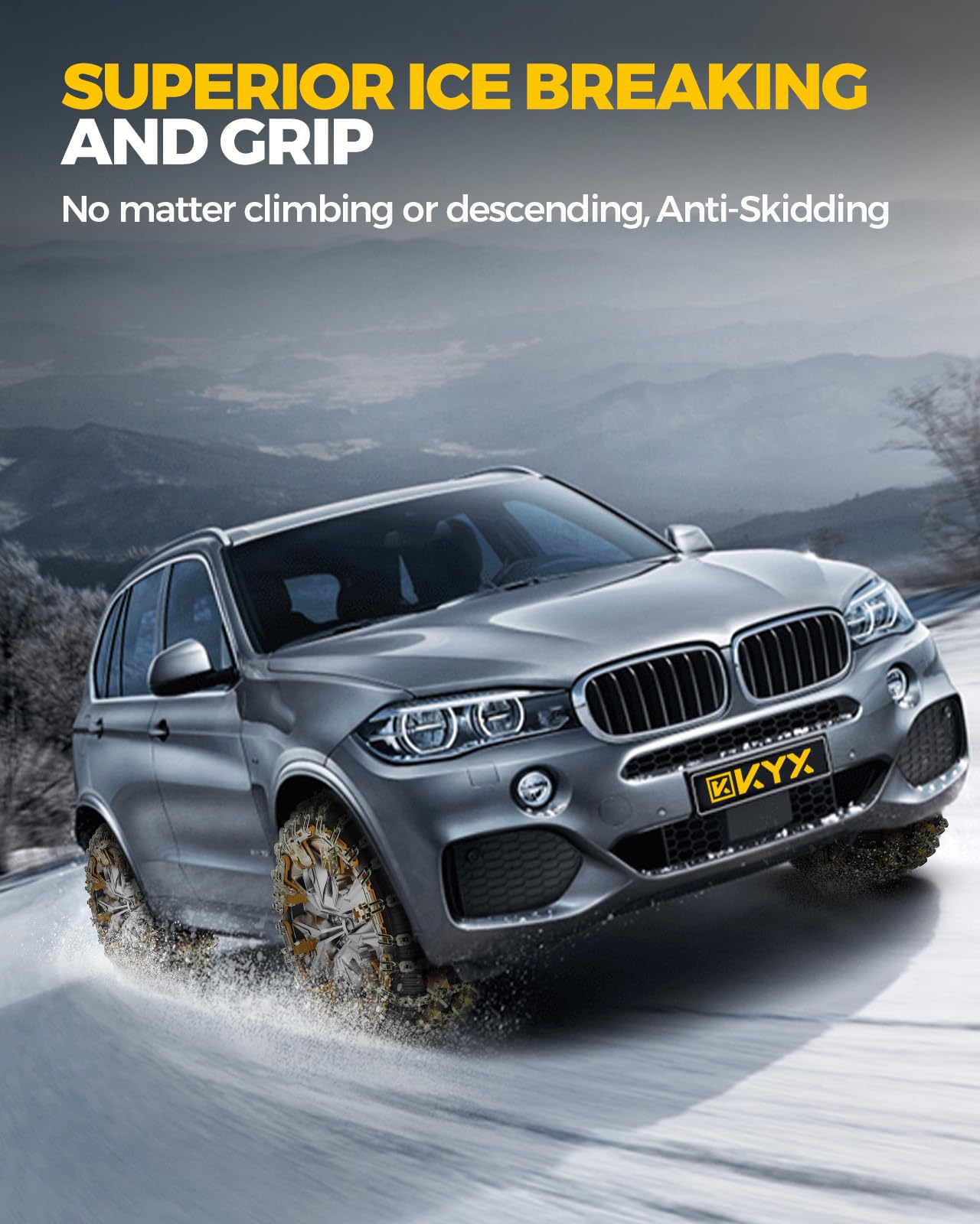 KYX Tire Chains for Car/SUV/Pickup Trucks, 8 Pcs Adjustable Alloy Steel, Fits 8.7-11.1 inch Tires, Model 2753TSC001H