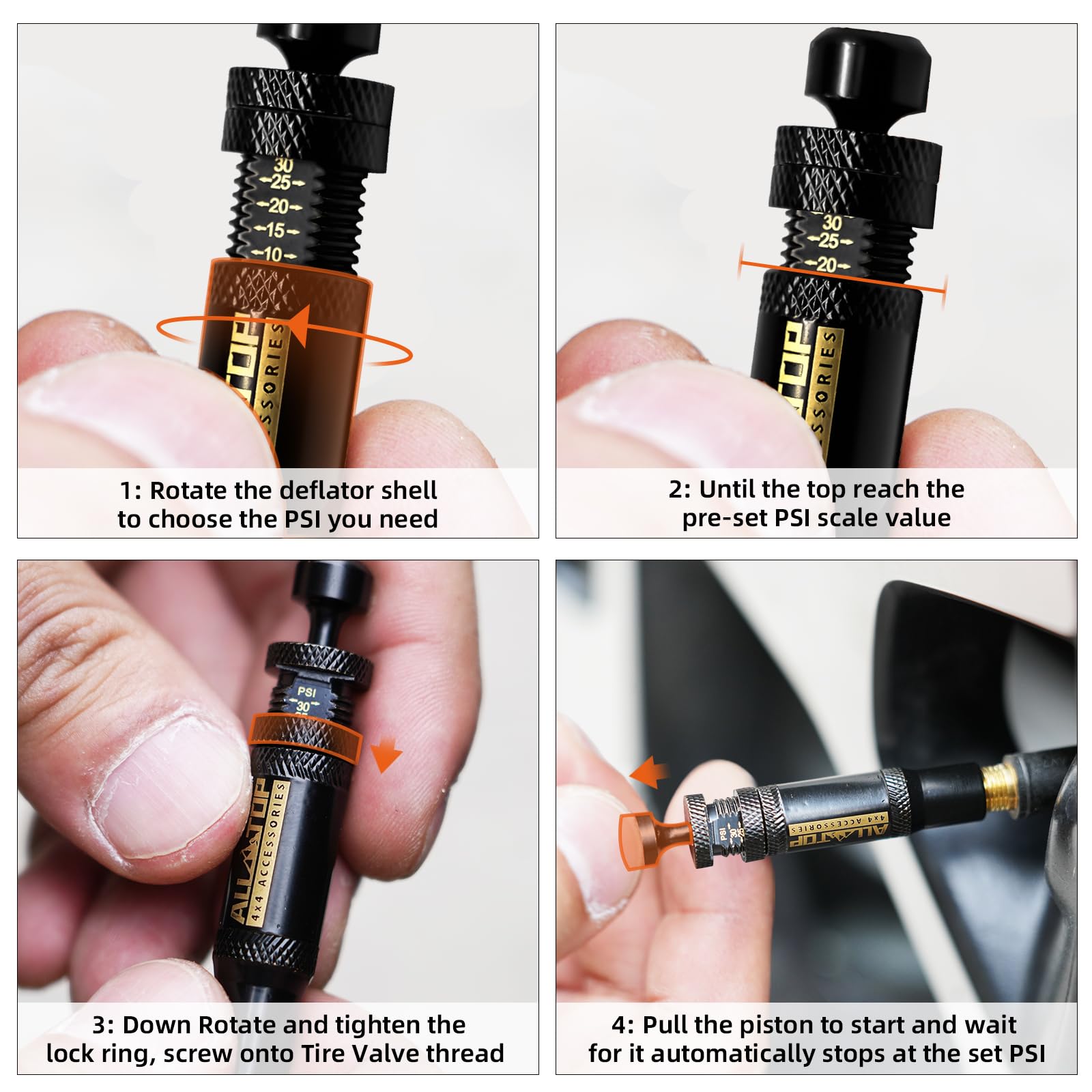 All-Top Adjustable Auto-Stop Tire Deflator Valve Kit (10-30 Psi) 4 Pcs Screw-On Tyre Air Down Tool For Offroad 4X4 (With 5 Valve Caps)