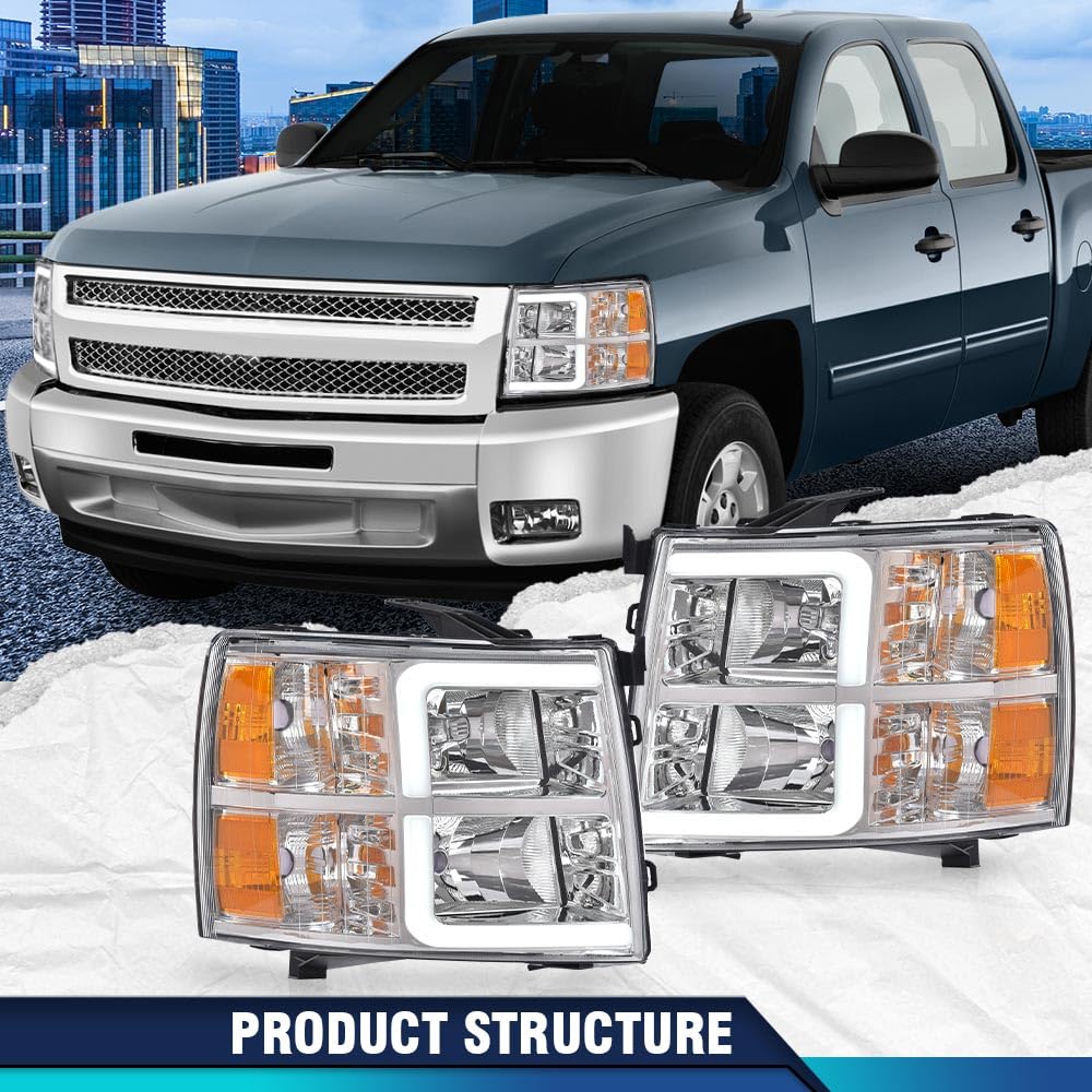 Pit66 Led Drl Tube Projector Headlights W/O Bulb Compatible With Chevy Silverado 1500 2007-2013/2500Hd 3500Hd 07-14(Not Fit 2007