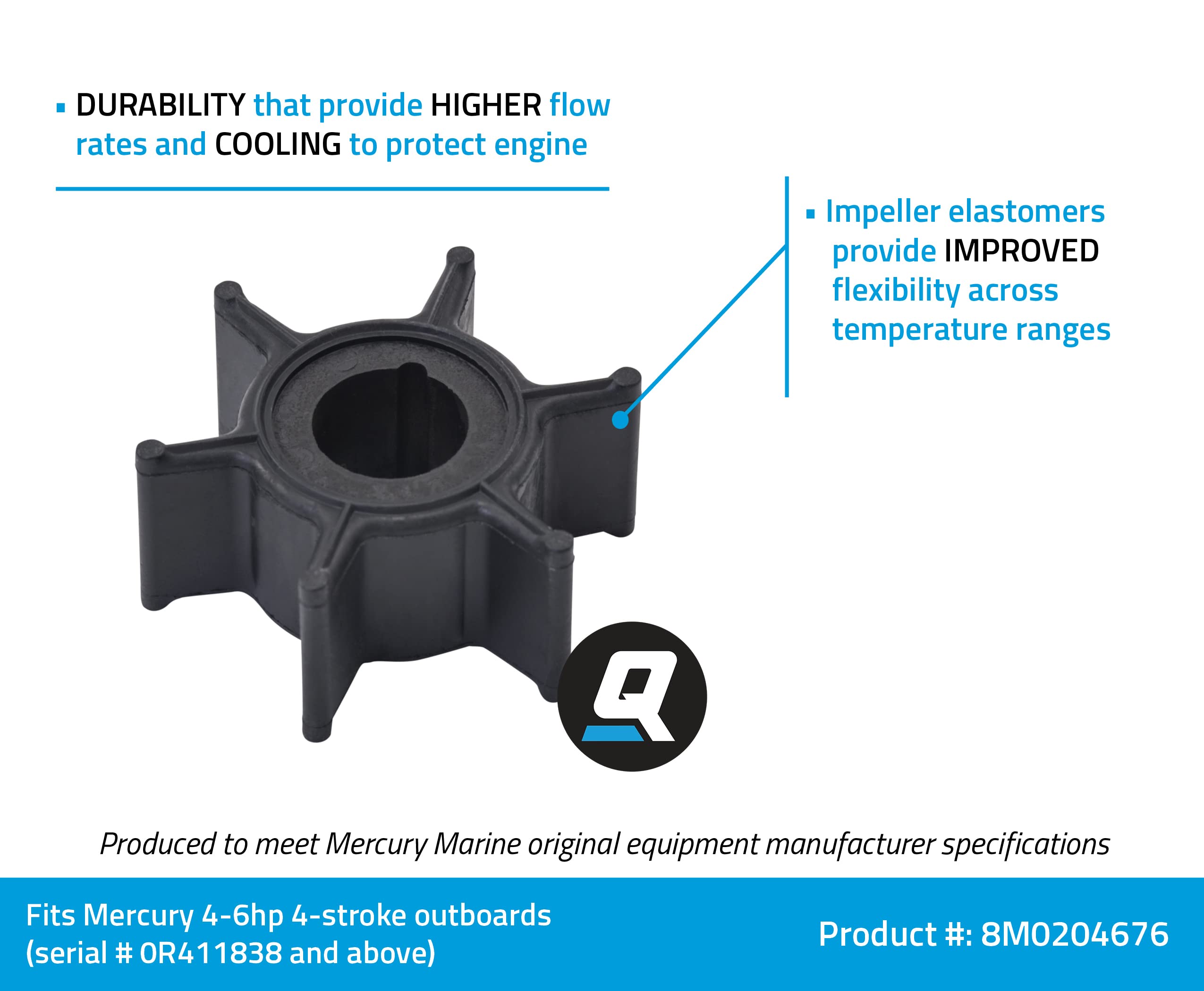 Quicksilver 8M0204676 Water Pump Impeller For Mercury 4-6 Hp 4-Stroke Outboards