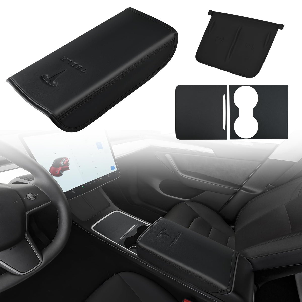Tinlucys Center Console Cover,Interior Accessories Designed for Tesla Model 3 Model Y,Leather Armrest Cover,Center Console Wrap 