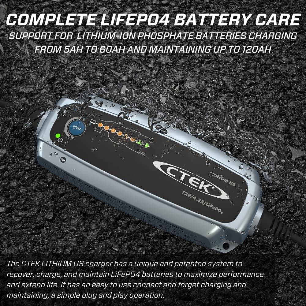 Ctek 56-926 Lithium Us  Fully Automatic Lithium Ion Phosphate Lifepo4 Battery Charger  5.0Ah - 60Ah  Maintenance Charging Up To
