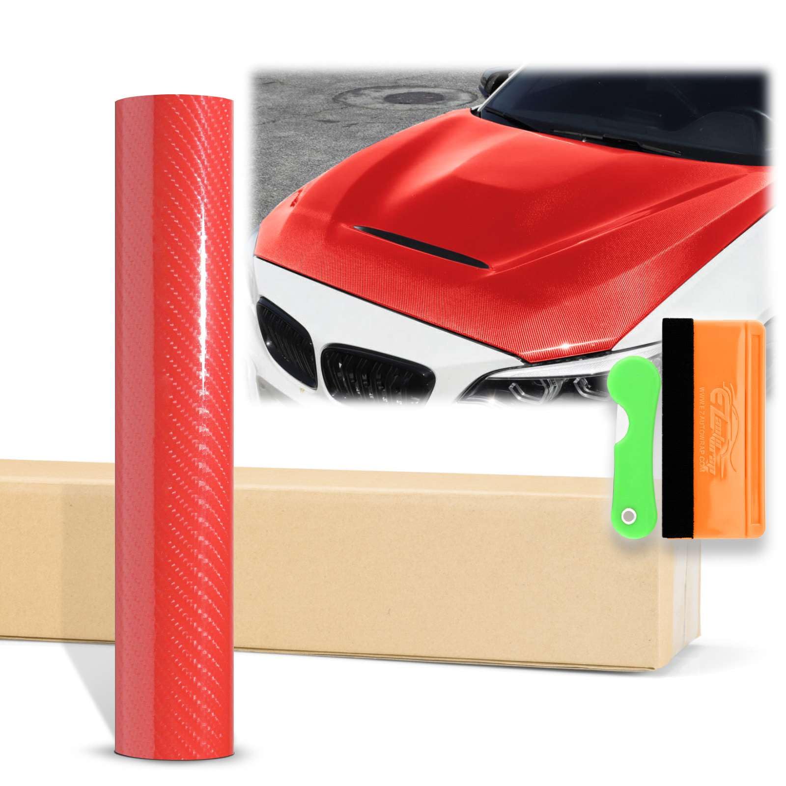 12'X60' (1Ftx5Ft) Red 7D Carbon Fiber Textured High Gloss Vinyl Wrap Auto Car Sticker Decal Film Sheet Bubble Free Air Release Technology With Tool Kit