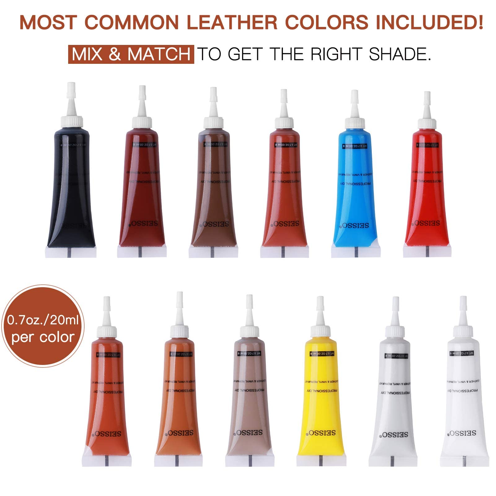SEISSO 12 Colors Leather Repair Kit - Restore Furniture, Car Seats, Couches, Shoes, Vinyl, Genuine Italian Leather, Paint for Scratches & Tears