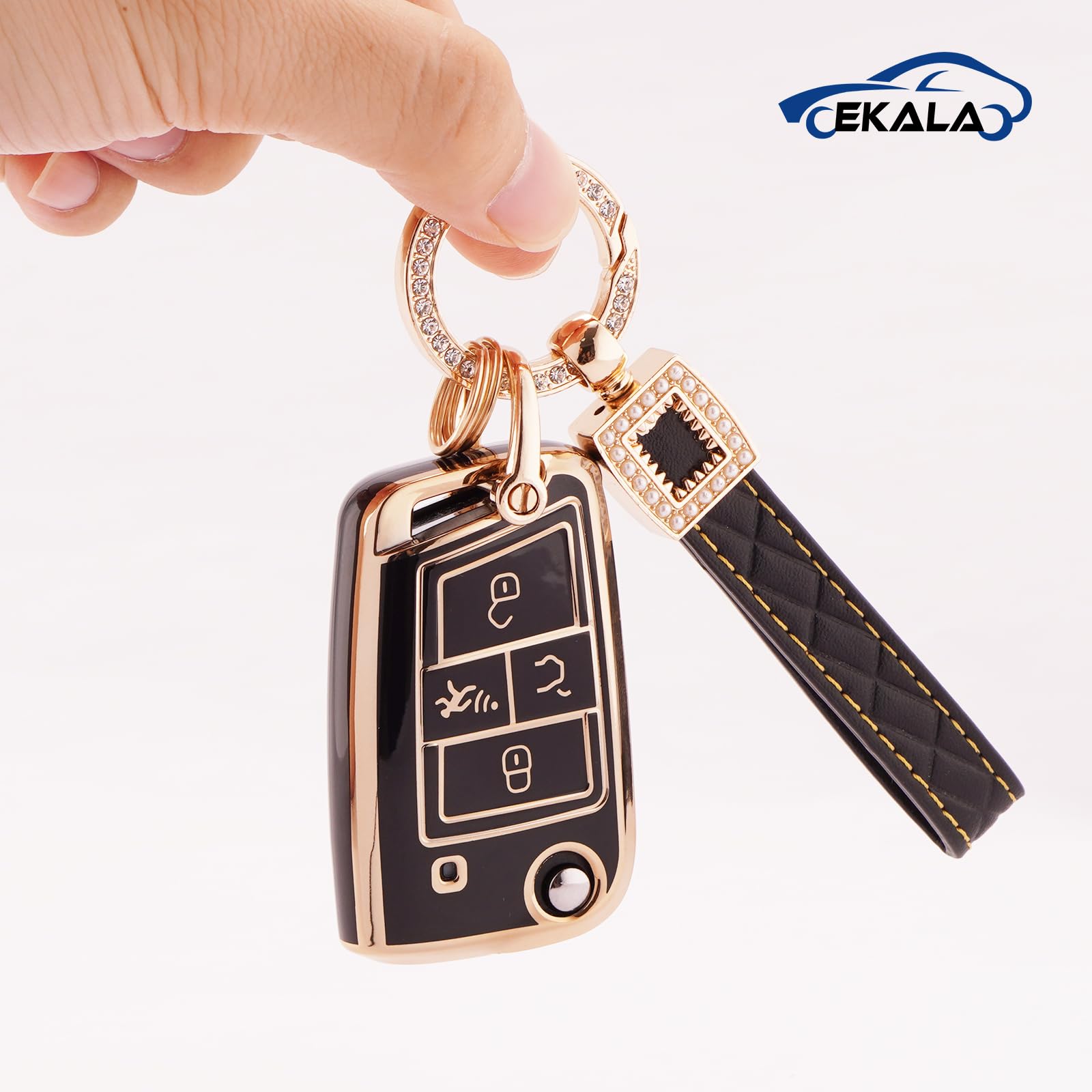 Ekala Car Key Case Fit For Vw Volkswagen Golf Gti Golf Alltrack Altas Tiguan Jetta 4 Buttons Flip Folding Key Case Cover Soft Tpu Key Shells With Leather Keychain Lanyard Black Gold (Bp-Vlw-4B)
