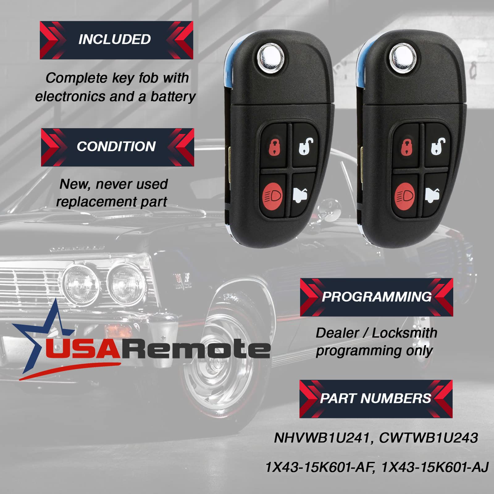 Car Key Fob Keyless Entry Remote Flip Fits 2001 2002 2003 2004 2005 2006 2007 2008 Jaguar S-Type, X-Type, Xj8 (Nhvwb1U241), Set