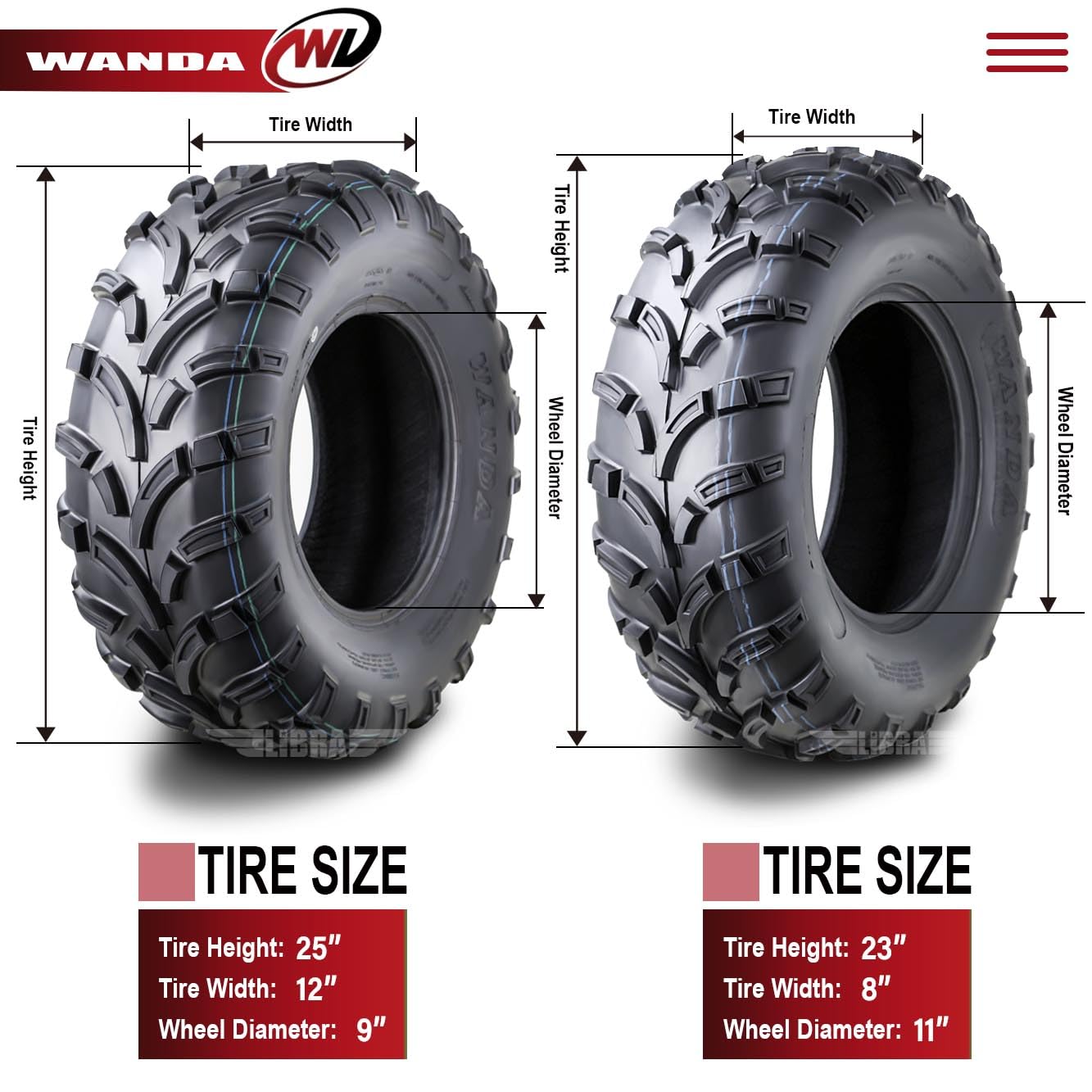 Wanda Utv Atv Tires 23X8-11 Front & 25X12-9 Rear /6Pr P373 Lit Mud