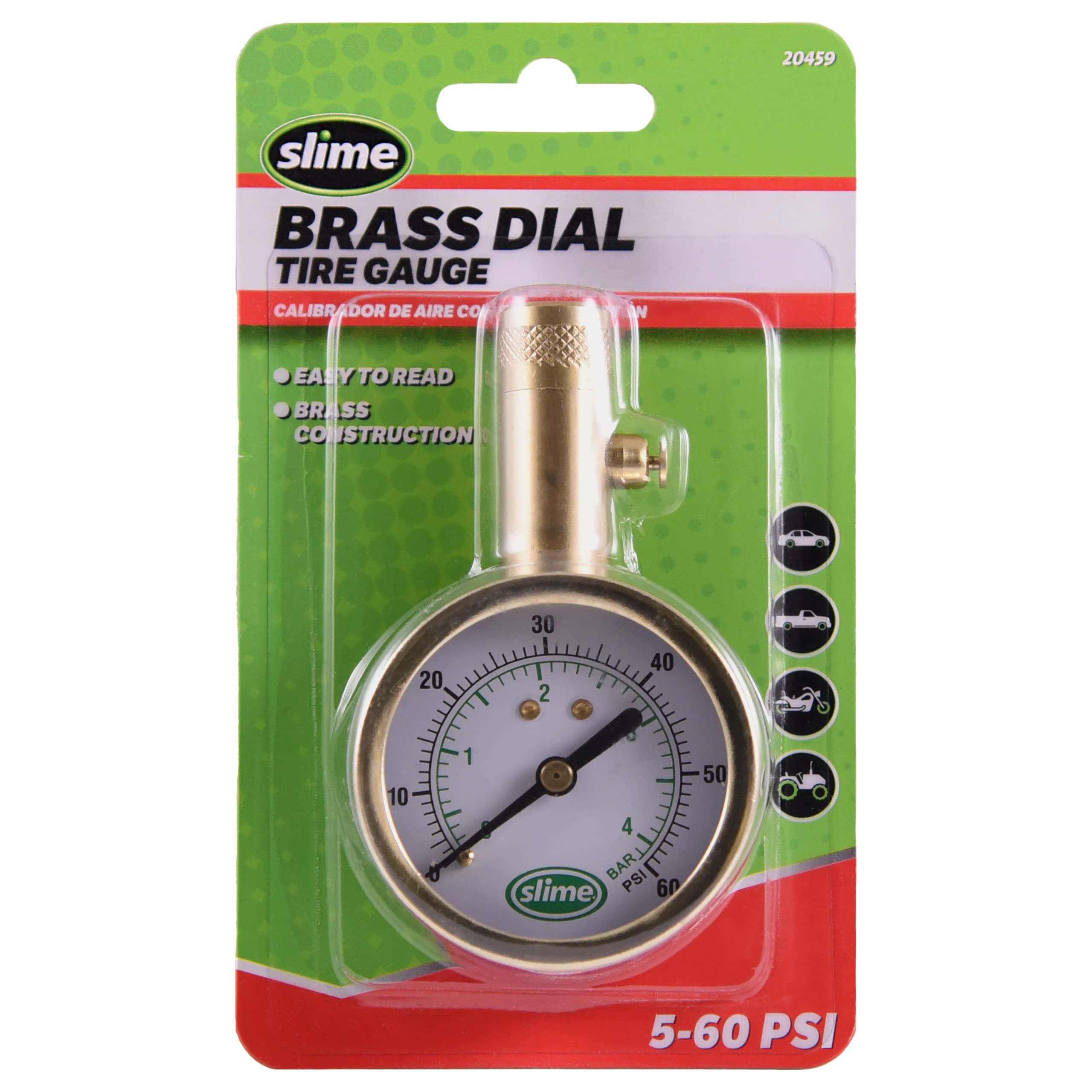 Slime 20459 Tire Pressure Gauge, Dial, Analogue, Brass Tire Gauge (5-60 psi)