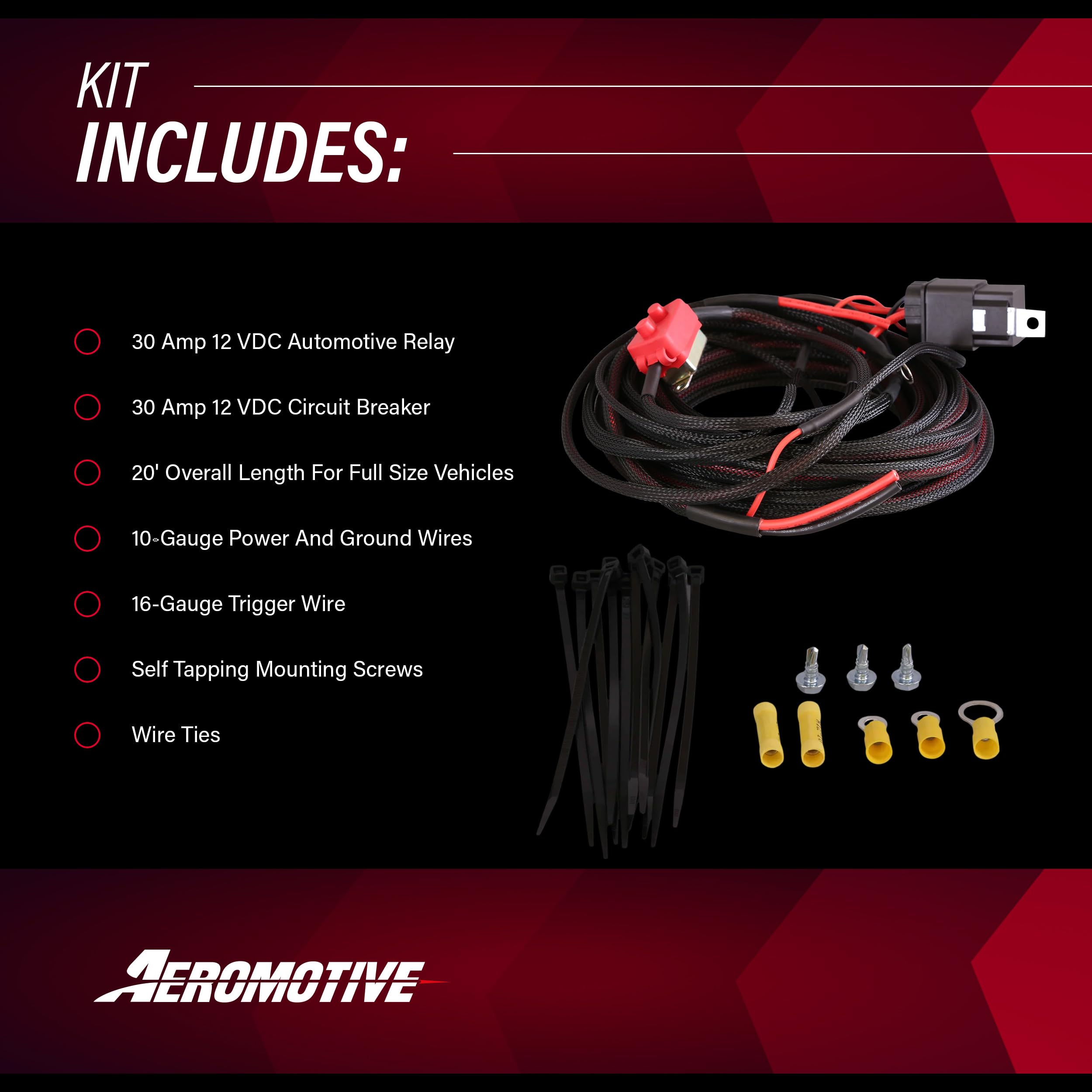 Aeromotive 16307 Fuel Pump Wiring Harness Relay Kit, 30 Amp, 20' Long Wire