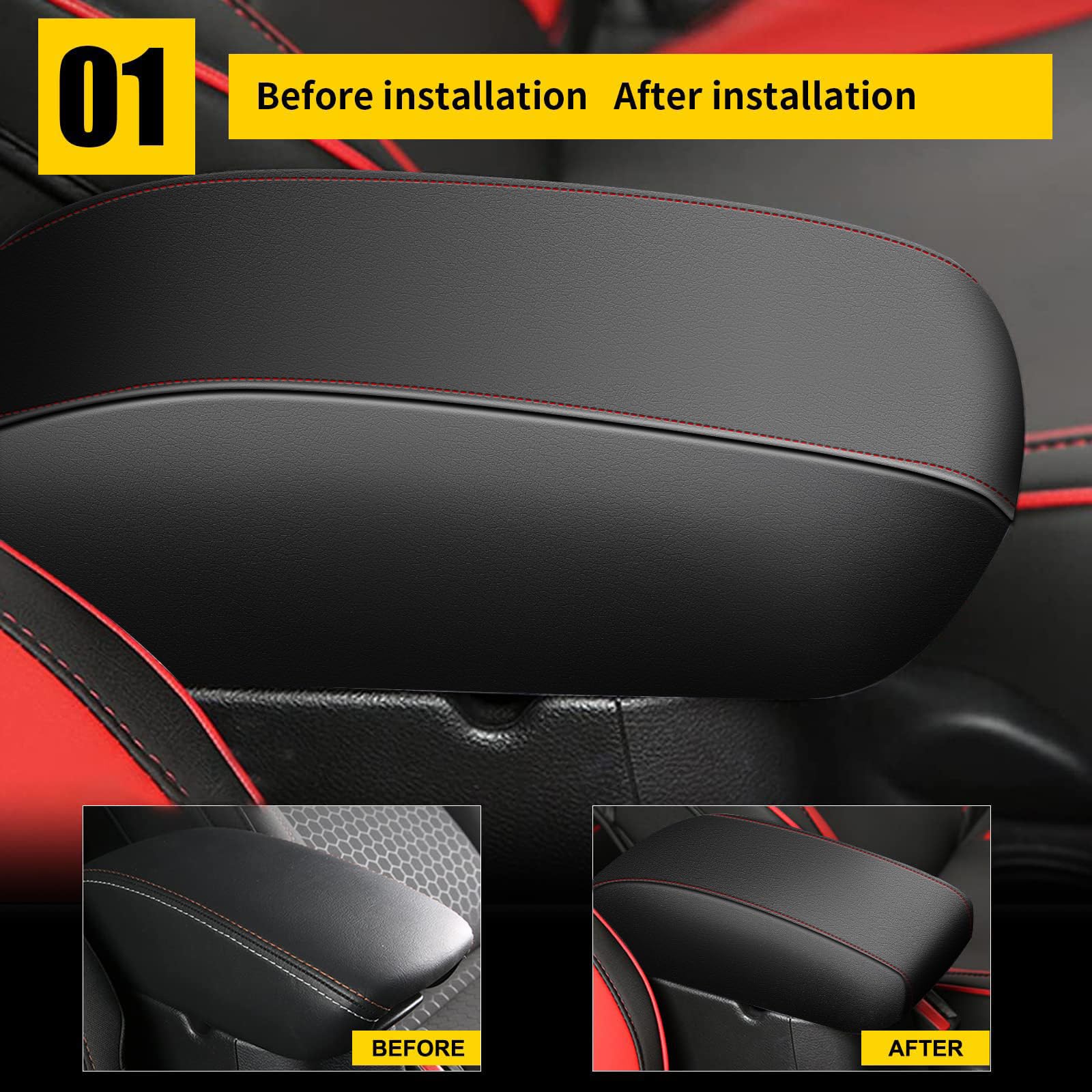 Aomsazto Leather Armrest Cushion For 2019-2015 Hyundai Sonata Black With Red Stiches