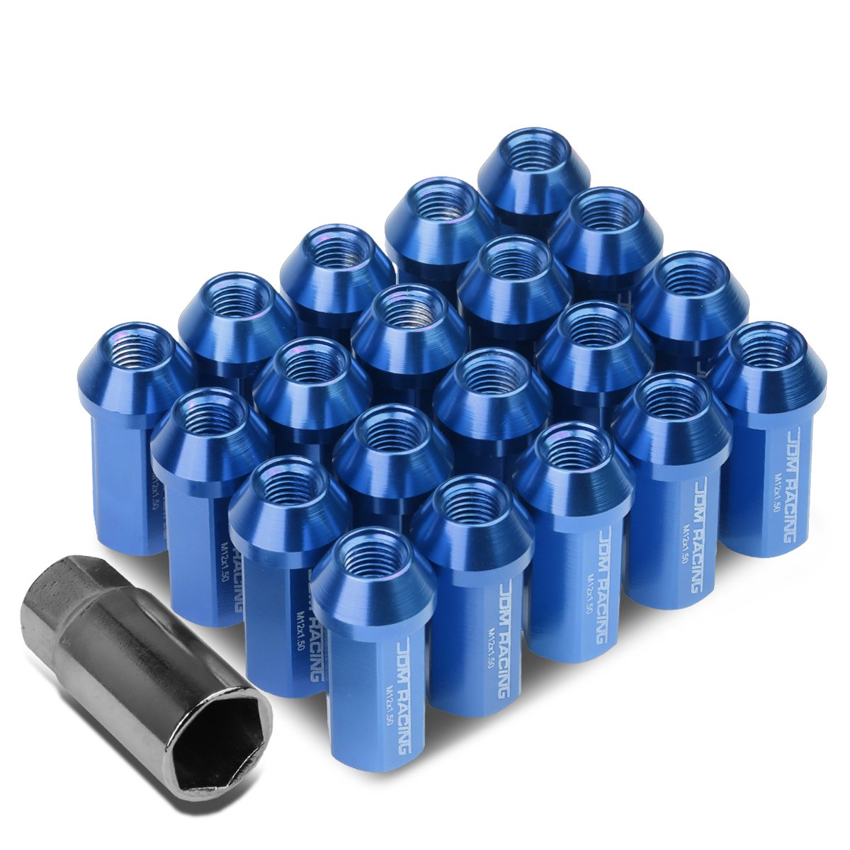 DNA MOTORING LNZTL901915BL 20Pcs M12 x 1.5 Close End Wheel Lug Nuts w/Deep Drive Extension Adapter, 25mm OD/50mm H, Blue