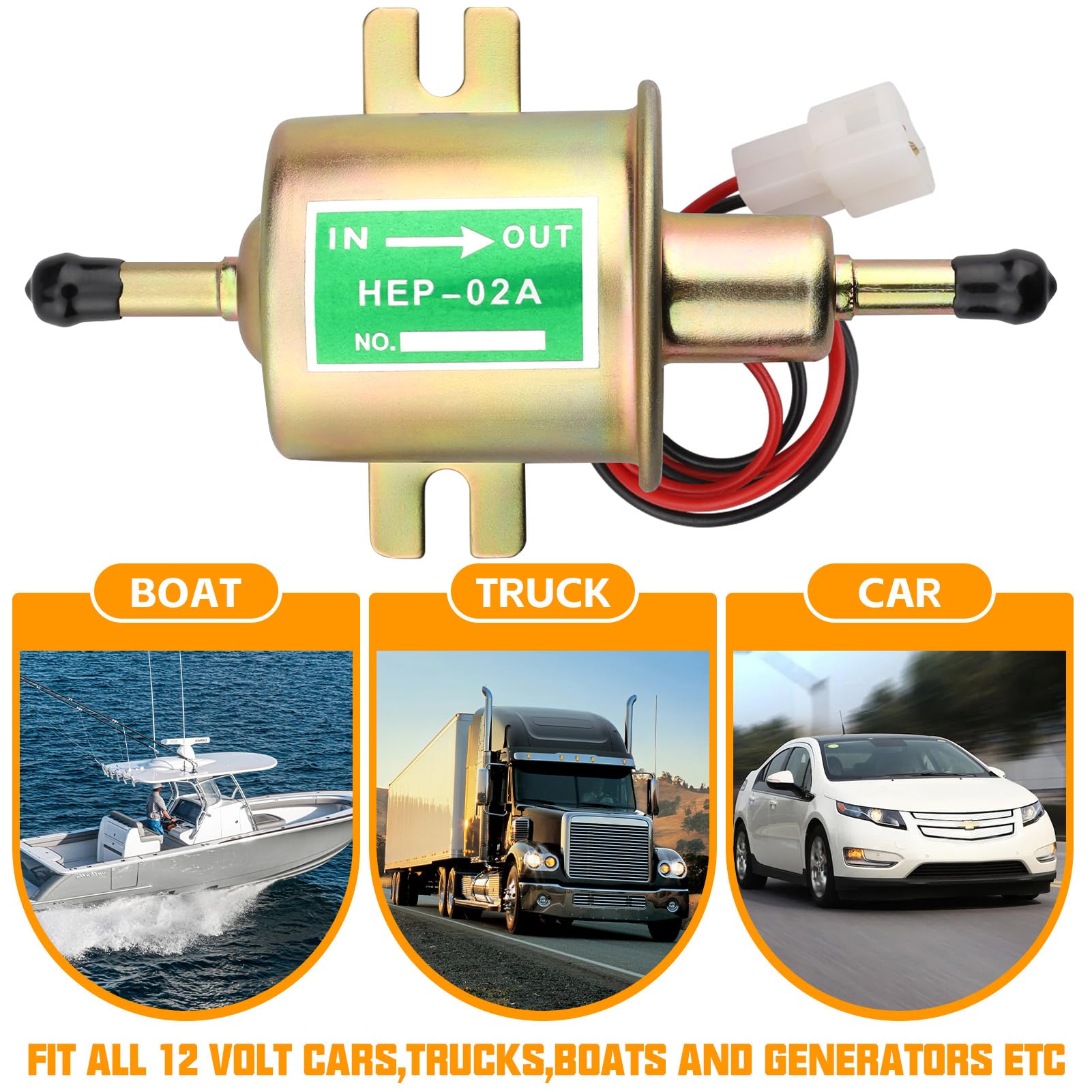 12V Electric 1/4 Fuel Pump Universal Low Pressure Transfer Inline Fuel Pump For Motorcycle Carburetor Lawn Mower Gas Diesel Engine 2.5-4Psi Hep-02A