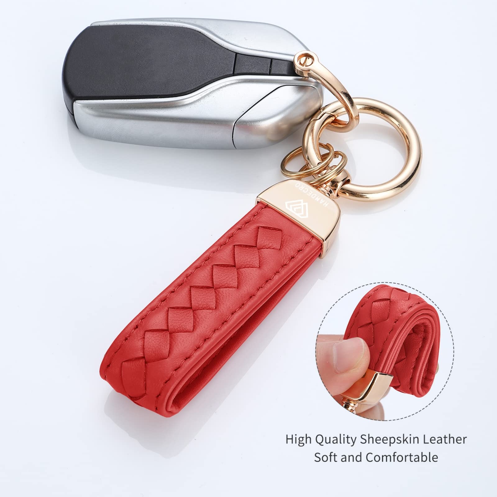Hamdecro Genuine Leather Keychains, Handmade Knit Sheepskin Car Key Chains For Women, Universal Key Fob Holder With 360 Degree Rotatable, Anti-Lost D-Ring, 2 Keyrings And 1 Screwdriver - Red