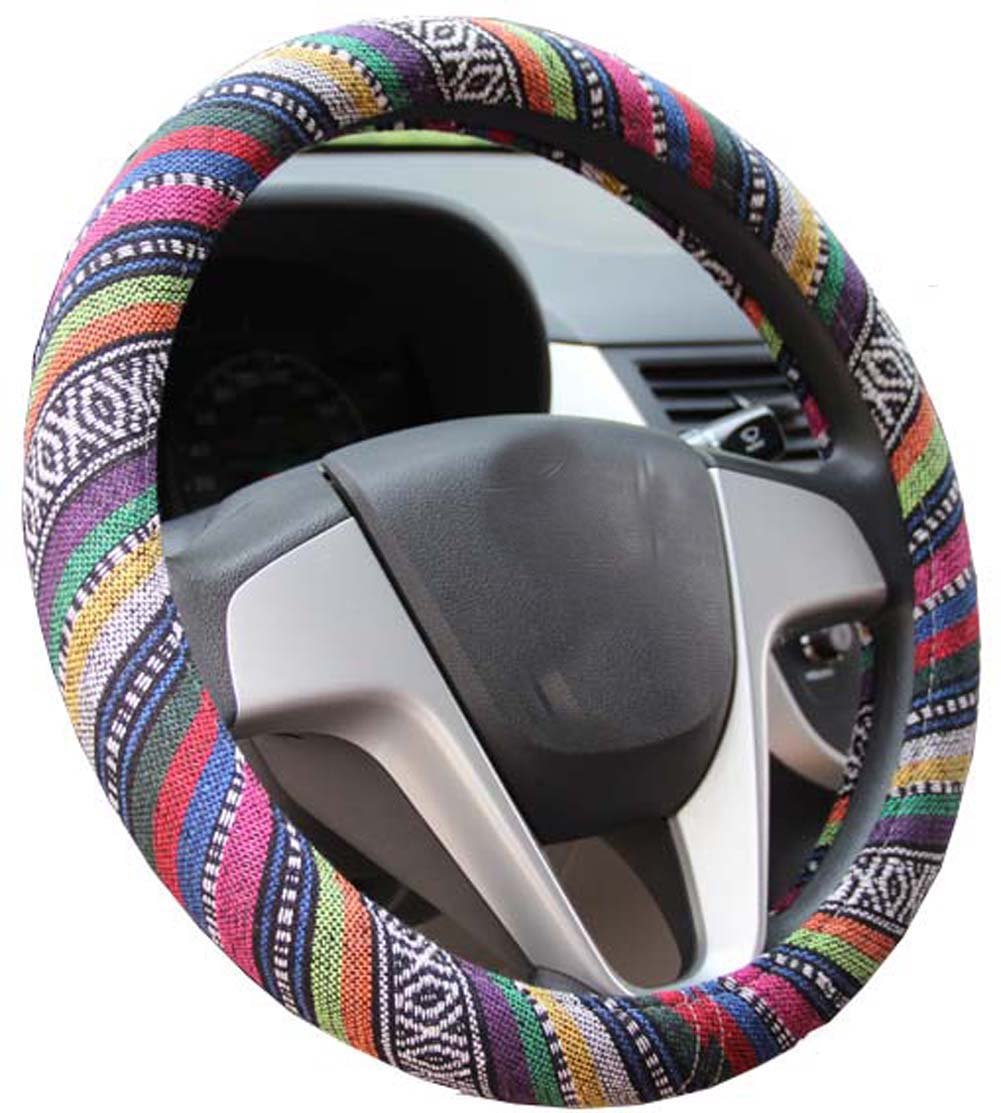 Istn Medium Ethnic Style Coarse Flax Cloth Automotive Steering Wheel Cover Anti Slip And Sweat Absorption Auto Car Wrap Cover (1