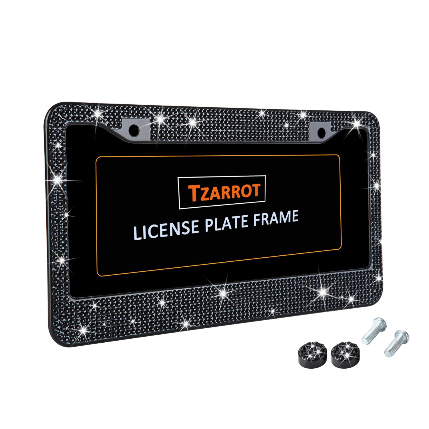TZARROT Black Rhinestone Bling License Plate Frame, Metal Rust-Proof License Plate Cover Bling Car Accessories for Women Man