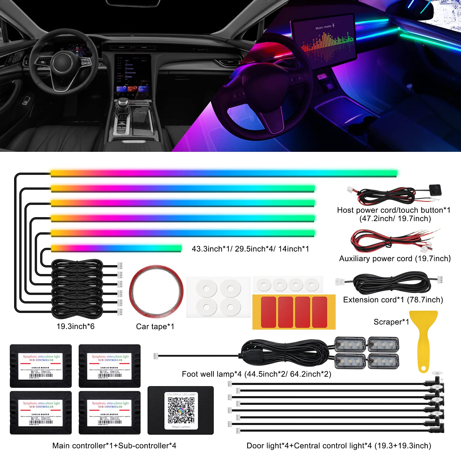 Dreamcolor Acrylic Interior Car Led Strip Light With Wireless App, Rgb 18 In 1 With 175 Inches 593 Leds Fiber Optic Ambient Ligh