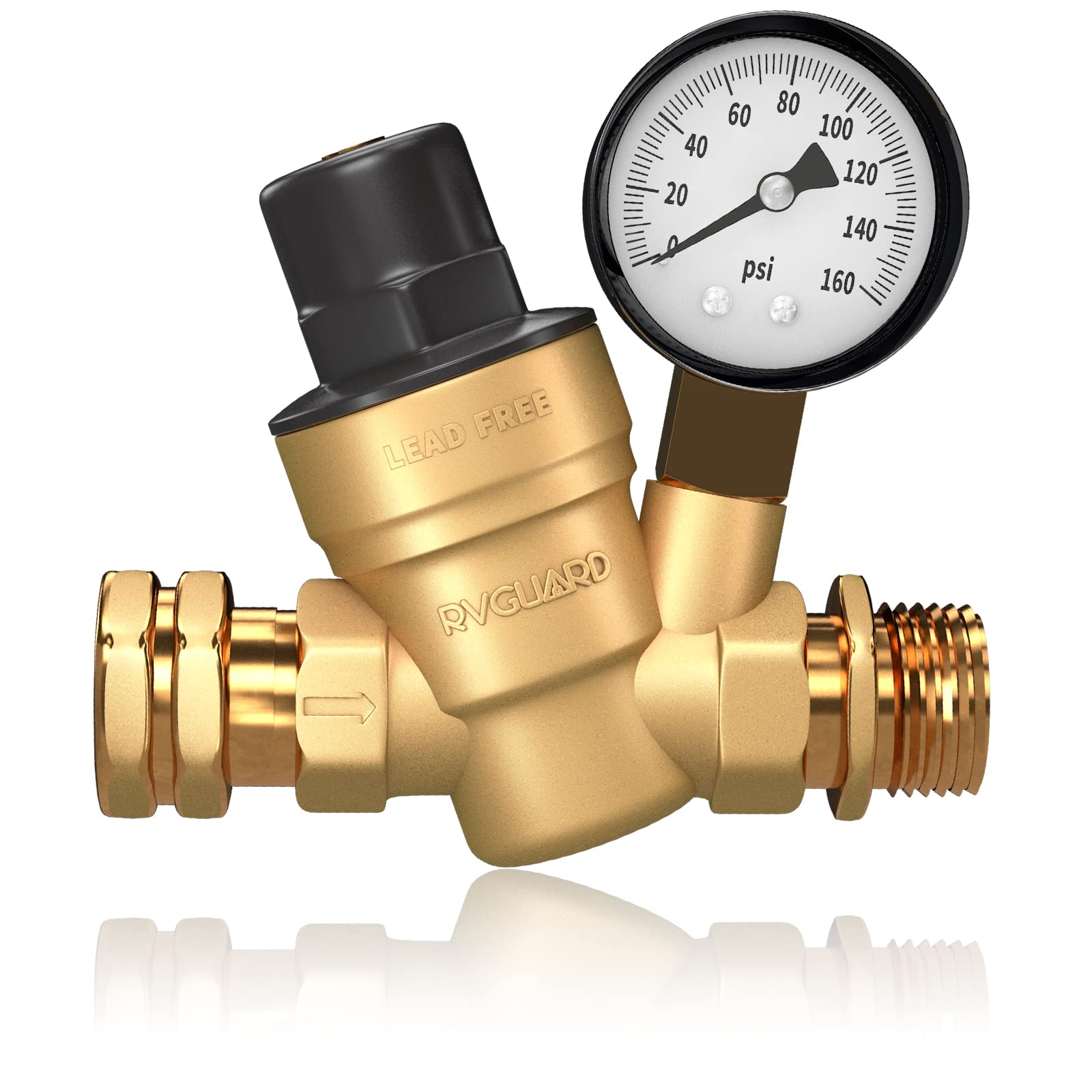 Rvguard Rv Water Pressure Regulator Valve, Brass Lead-Free Adjustable Water Pressure Reducer With Gauge And Inlet Screen Filter
