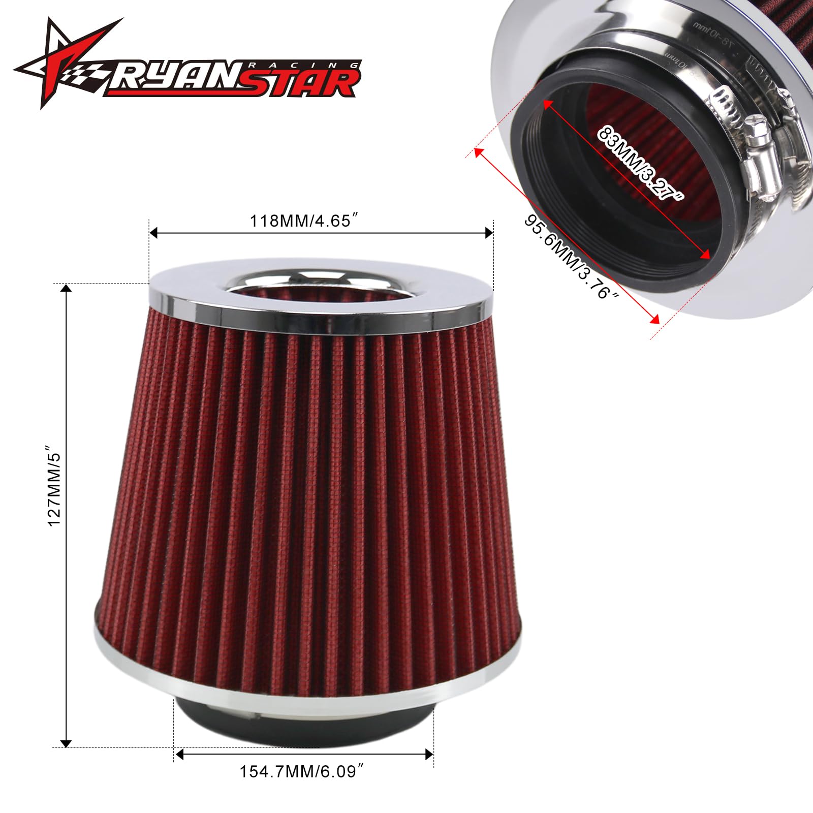 RYANSTAR RACING 83mm 3.25'' High Flow Round Tapered Cone Closed-Top Washable Clamp-On Dry Air Filter