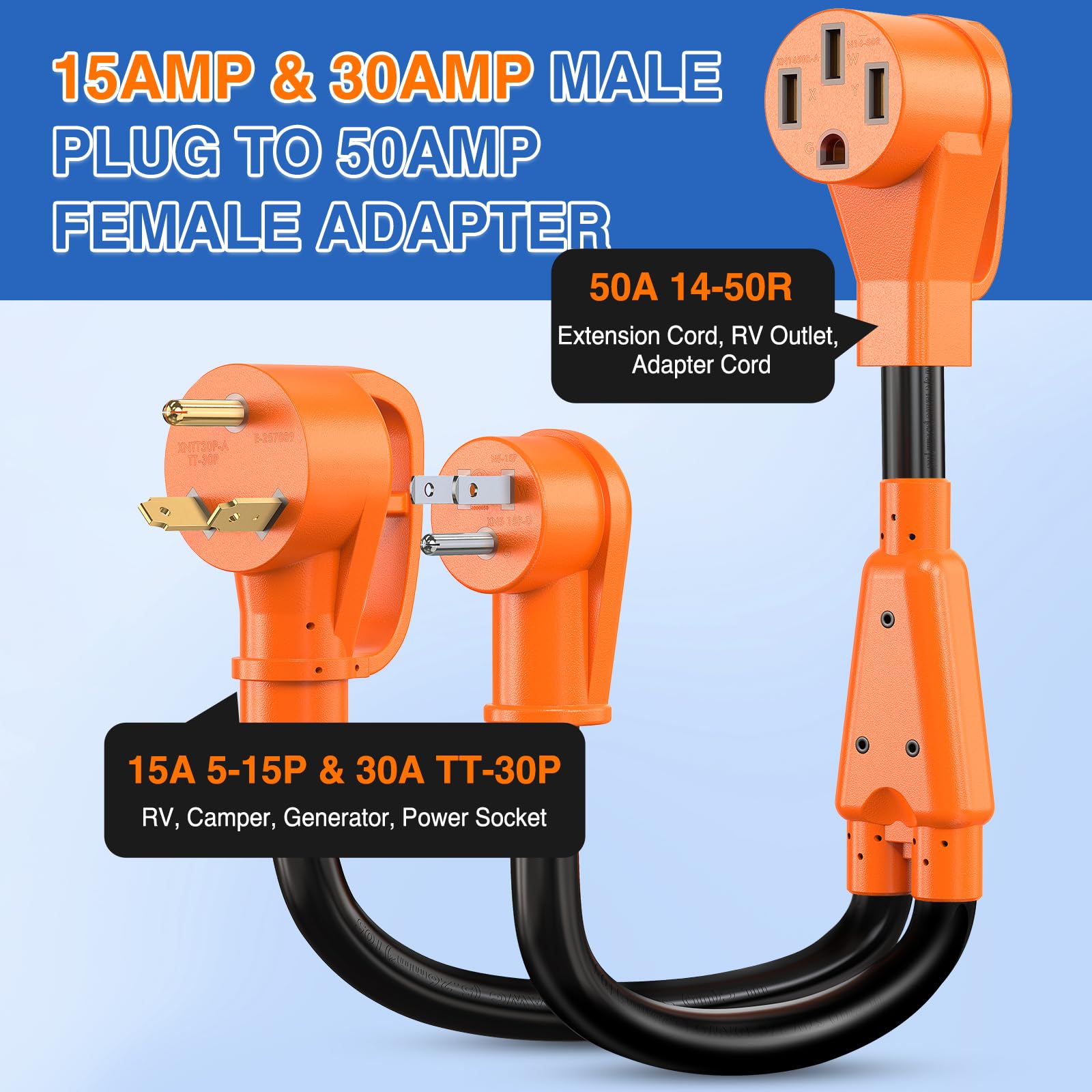 Nilight Rv Y Splitter Adapter Cord 15 Amp 30 Amp To 50 Amp 5-15P Tt-30P Male Plug To 14-50R Female Receptacle Heavy Duty Electri