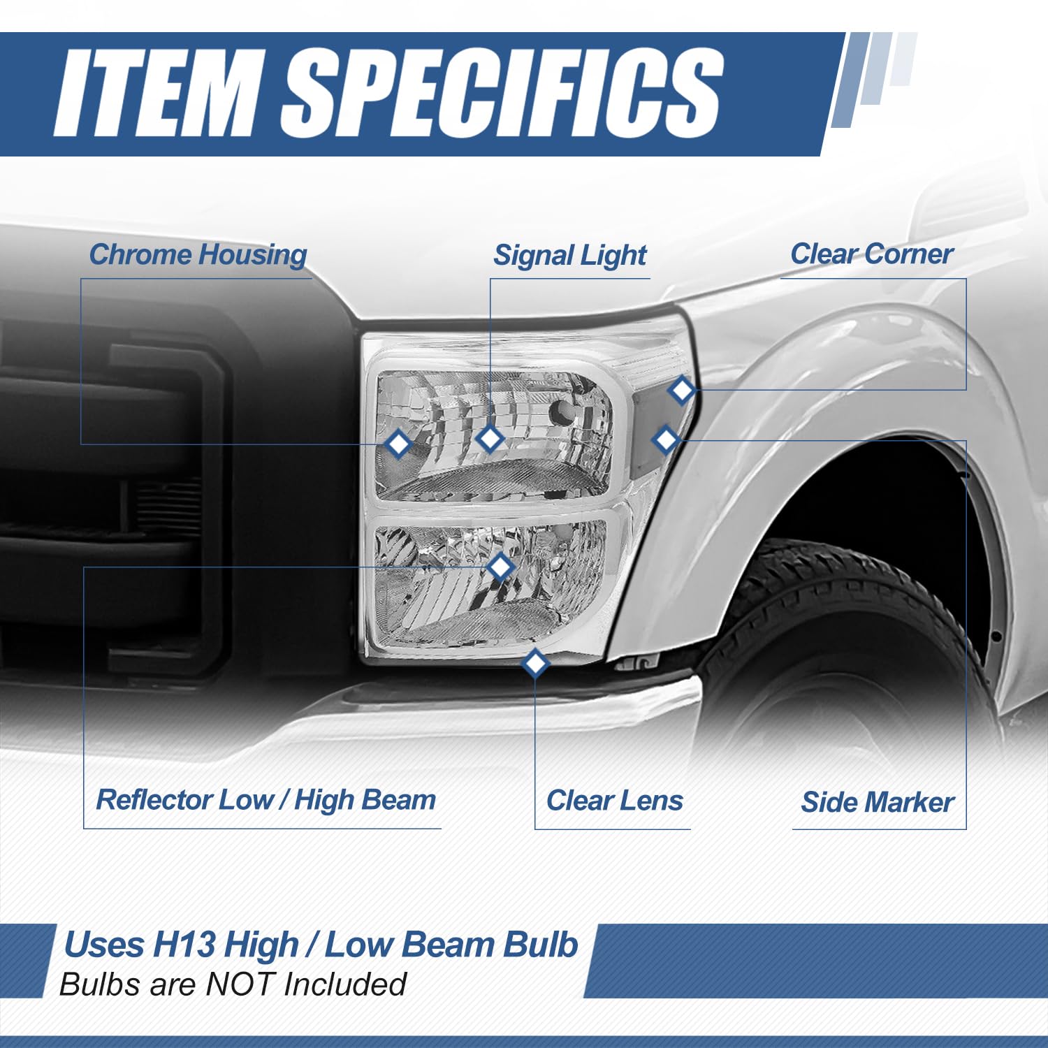 Auto Dynasty Halogen Model Headlights Assembly Compatible With Ford F-250 F-350 F-450 F-550 Super Duty 11-16, Chrome Housing Cle