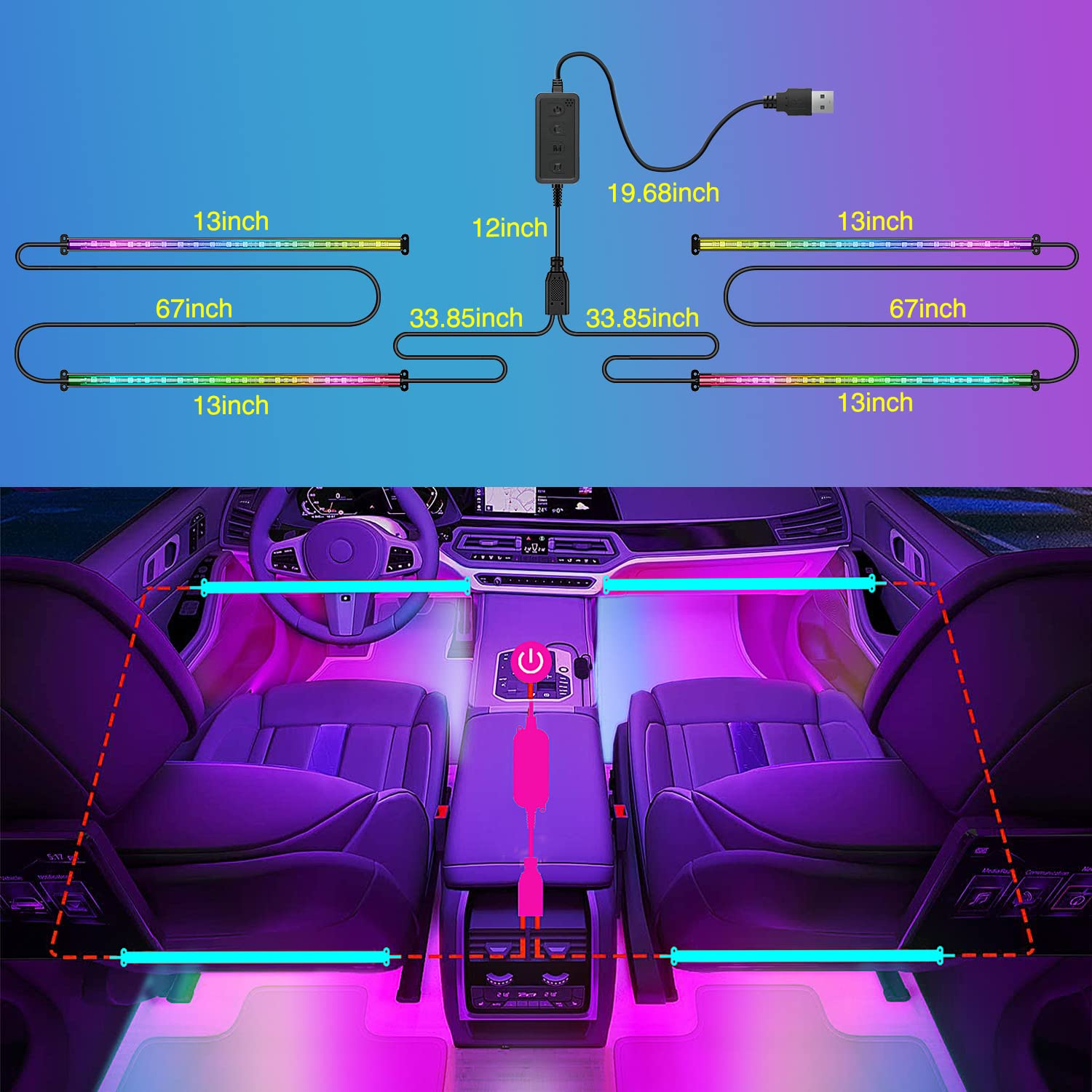Nilight 72 Led Usb Interior Strip Lights Dream Color Rgb-Ic 12V Dc With App Rf Remote Control Multicolor Footwell Under Dash Cha