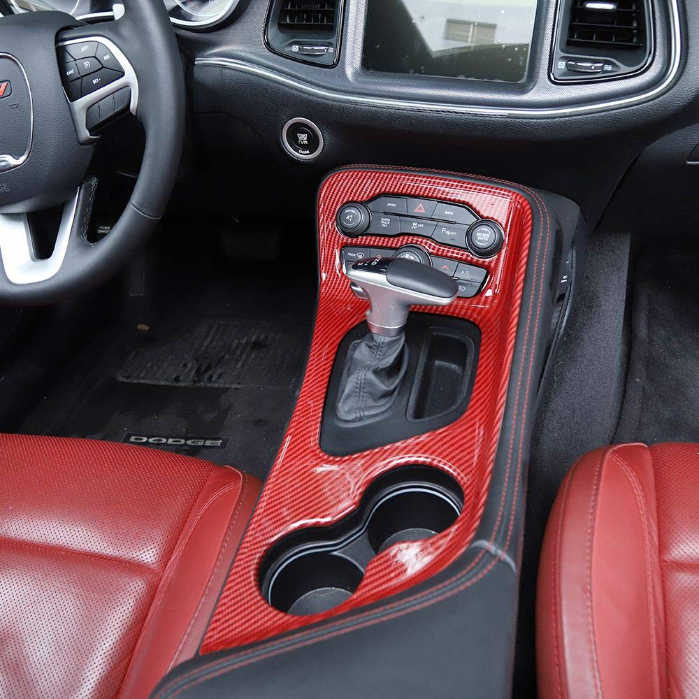 Voodonala For Challenger Gear Shift Panel Trim For 2015-2022 Dodge Challenger, Abs Red/Carbon Fiber