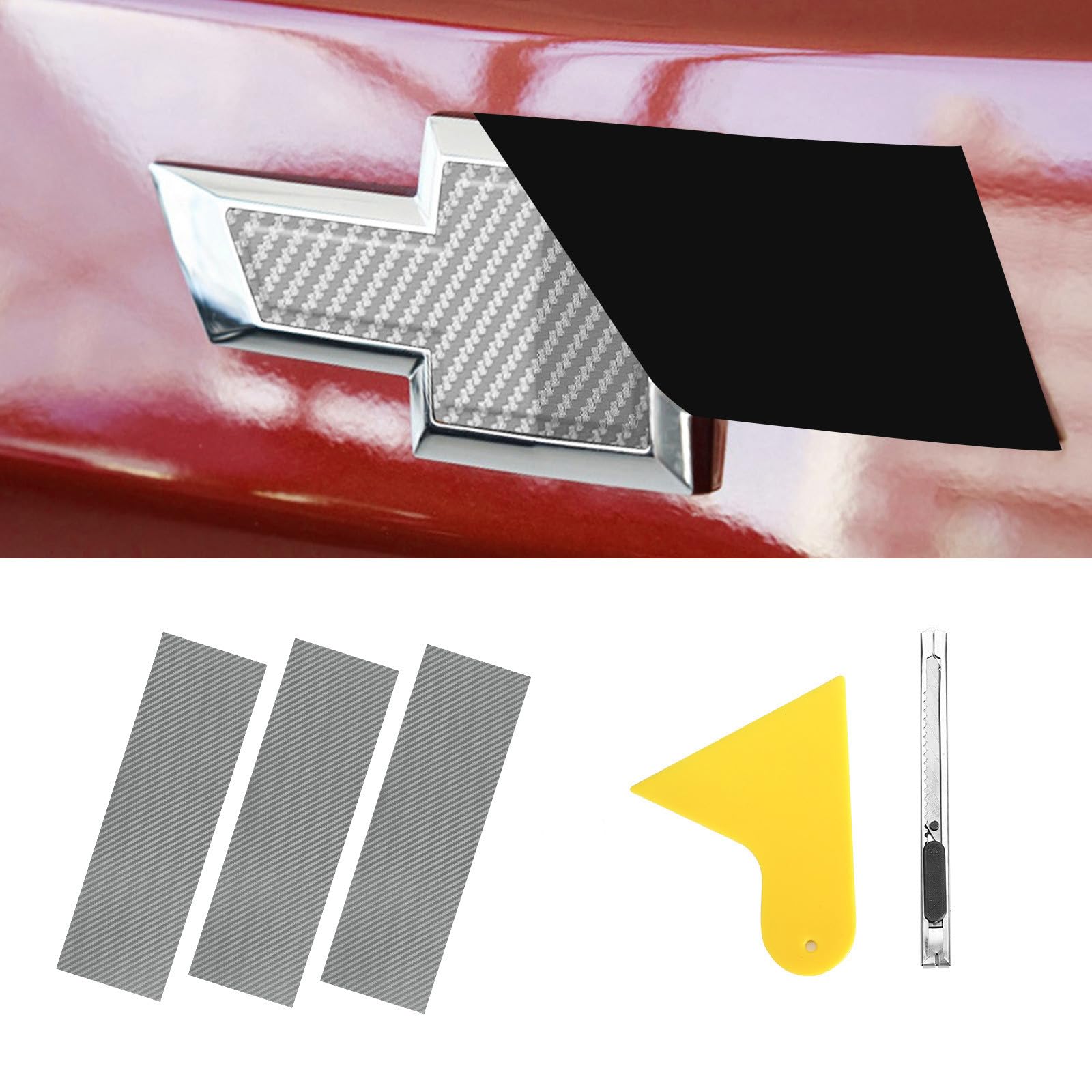 Blakaya Carbon Fiber Vinyl Wrap 11.8'' X 4'' Chevy Bowtie Emblem Wrap Kit With Spatula And Cutter 3 Pcs Universal Logo Overlay