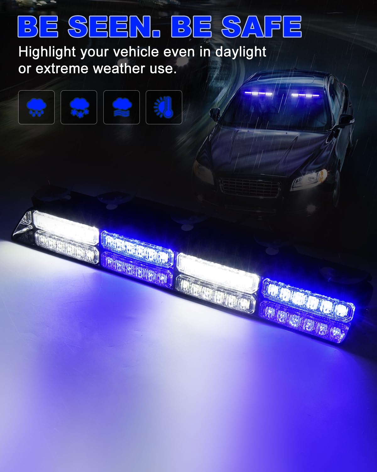 Hlauto 6Z4J Emergency Dash Strobe Lights: 2X16.8 Inch Blue White Safety Lights, 48 Led Flashing Warning Hazard Interior Windshie