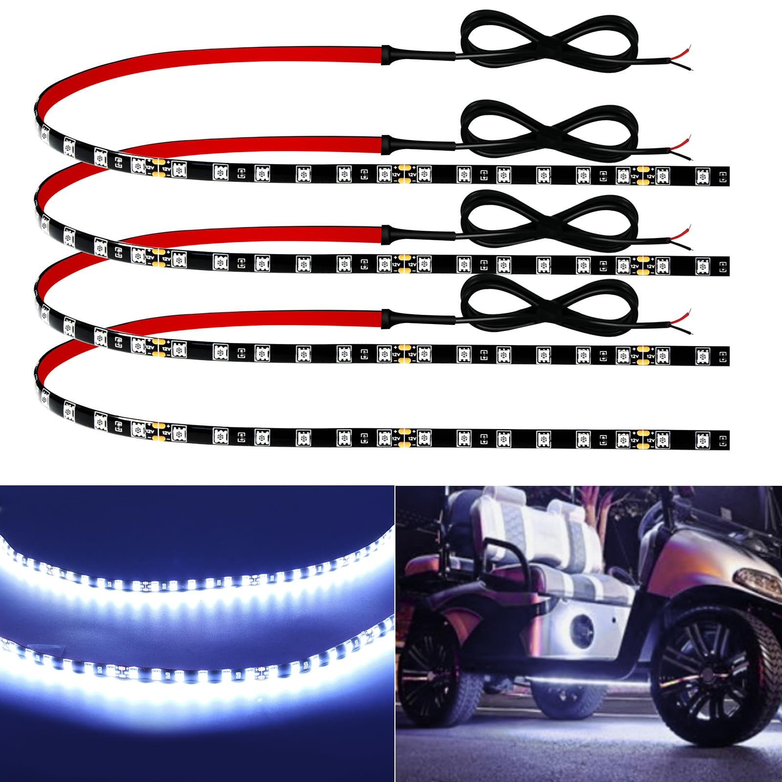 12V Led Light Strip 24'' Connectable White Led Strip Lights For Cars Golf Cart Motorcycle Boat Trucks Waterproof Interior& Exter