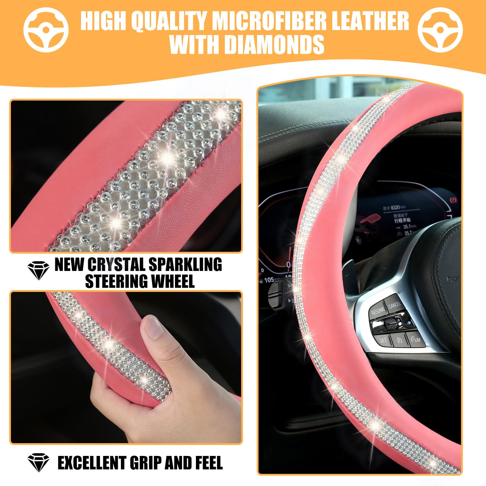 New Diamond Leather Steering Wheel Cover with Bling Crystal Rhinestone, Delicate and Anti-Slip Sparkly ,Adaptable to 14.5-15 inc