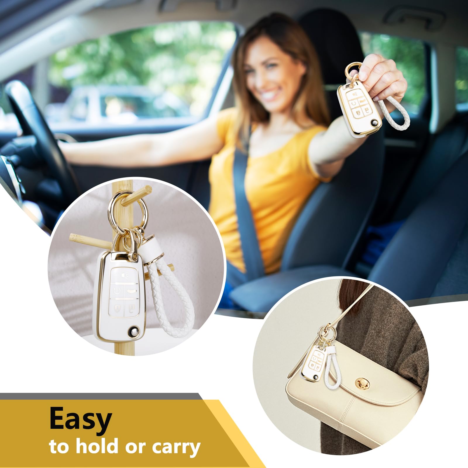 Ctrinews For Chevy Key Fob Cover With Metal Braided Rope Keychain, Upgraded Key Case For Cruze Equinox Malibu Sonic Trax Impala