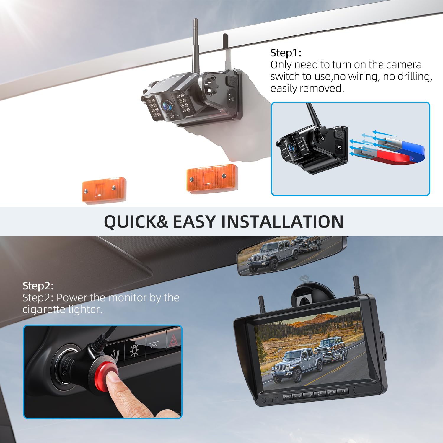 Erapta 2 Magnetic Wireless Backup Camera 7    Ips Monitor, 2-Min Diy Installation,1080P, Lower Consumption, 9600Mah Rechargeable