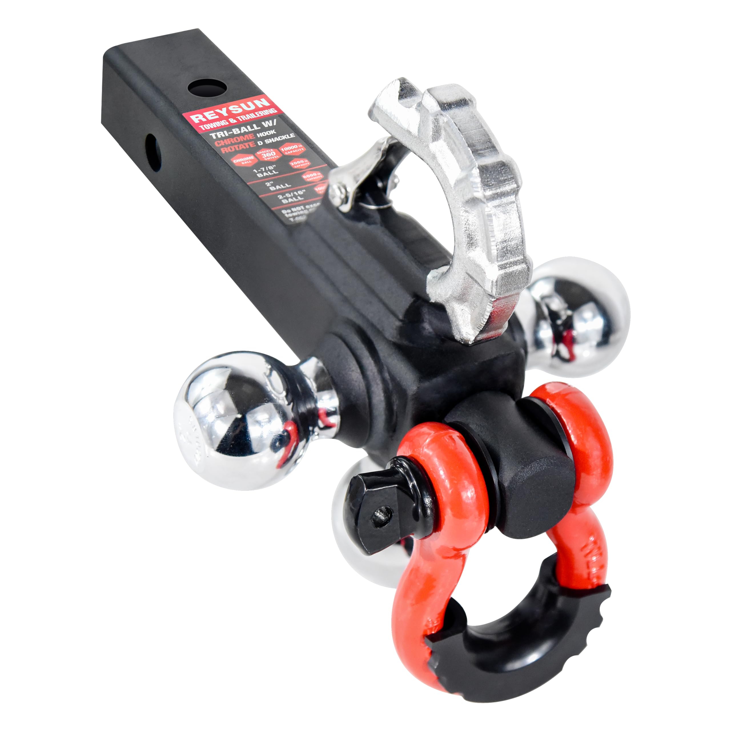 Reysun Trailer Hitch Tri-Ball Mount: With Swivel Tow Shackle And Tow Hook, Fits For 2-Inch Receiver, Chrome Trailer Ball Size 1-