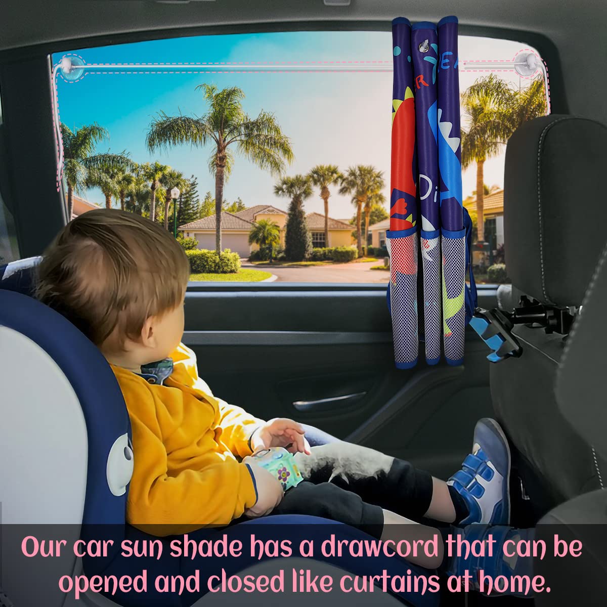 DIZA100 Car Window Shade for Baby, 2 Pack Car Sun Shades with Storage Net Pocket Car Window Curtain 7 Suction Cups Blue Dinosaur