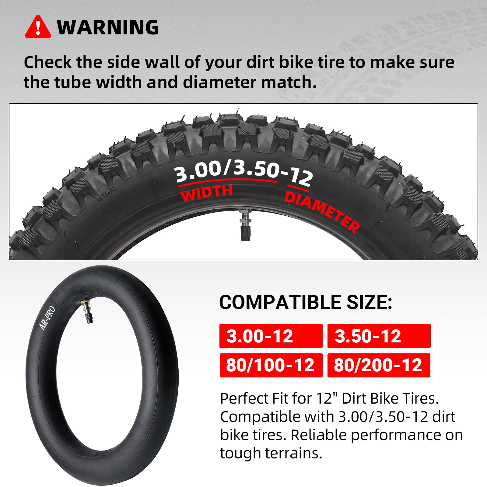 Ar-Pro 3.00/3.50-12'' Dirt Bike Inner Tubes With Tr4 Straight Valve, 80/200-12 Heavy Duty Motorcycle Tire Replacement Inner Tube
