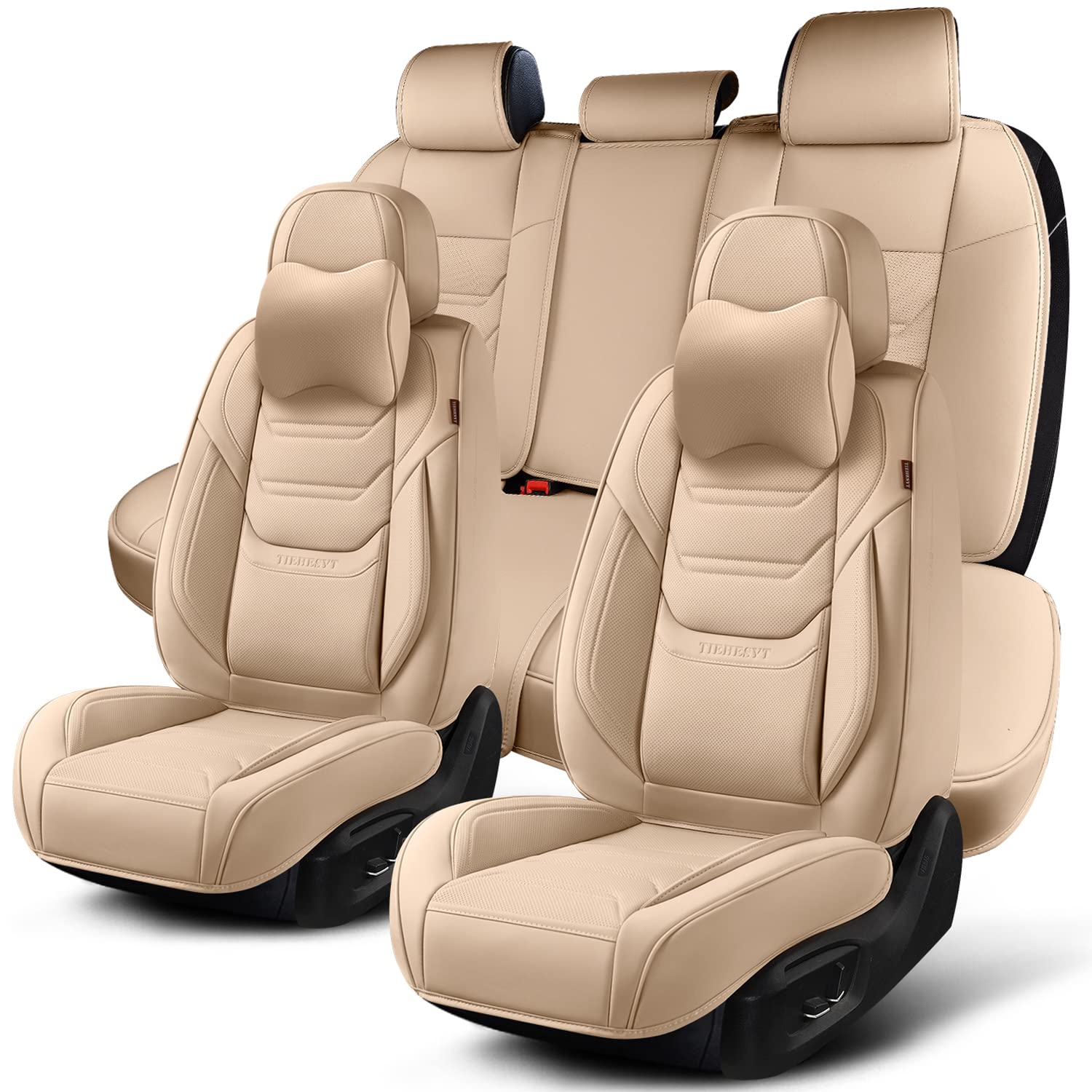 Tiehesyt Beige Car Seat Covers Full Set, Breathable Leather Automotive Front And Rear Seat Covers & Headrest, Automotive Seat Co