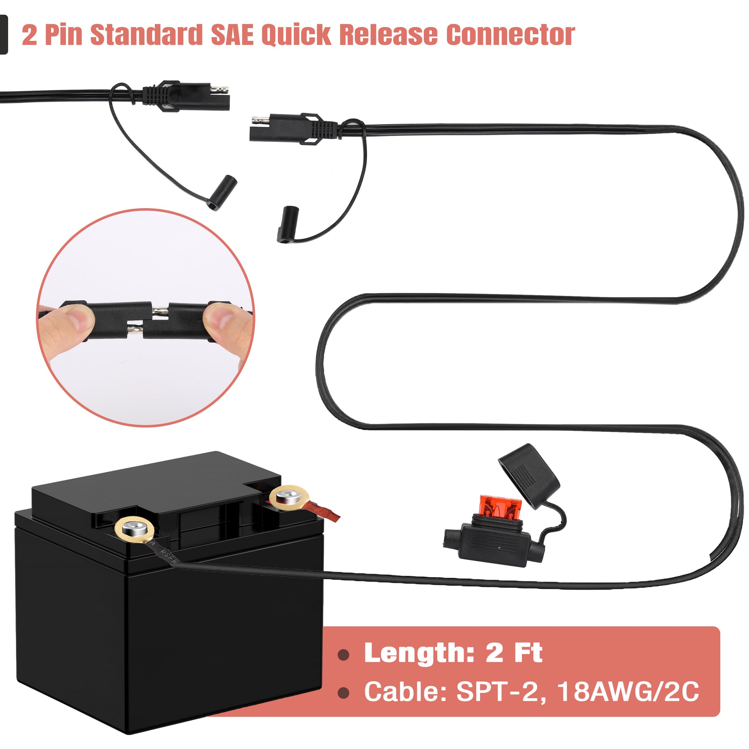 Bates- SAE Battery Connector, 2 Pack, 2 FT, SAE to O Ring Terminal Harness, 2 Pin Battery Connector, SAE Connector, Battery Quic
