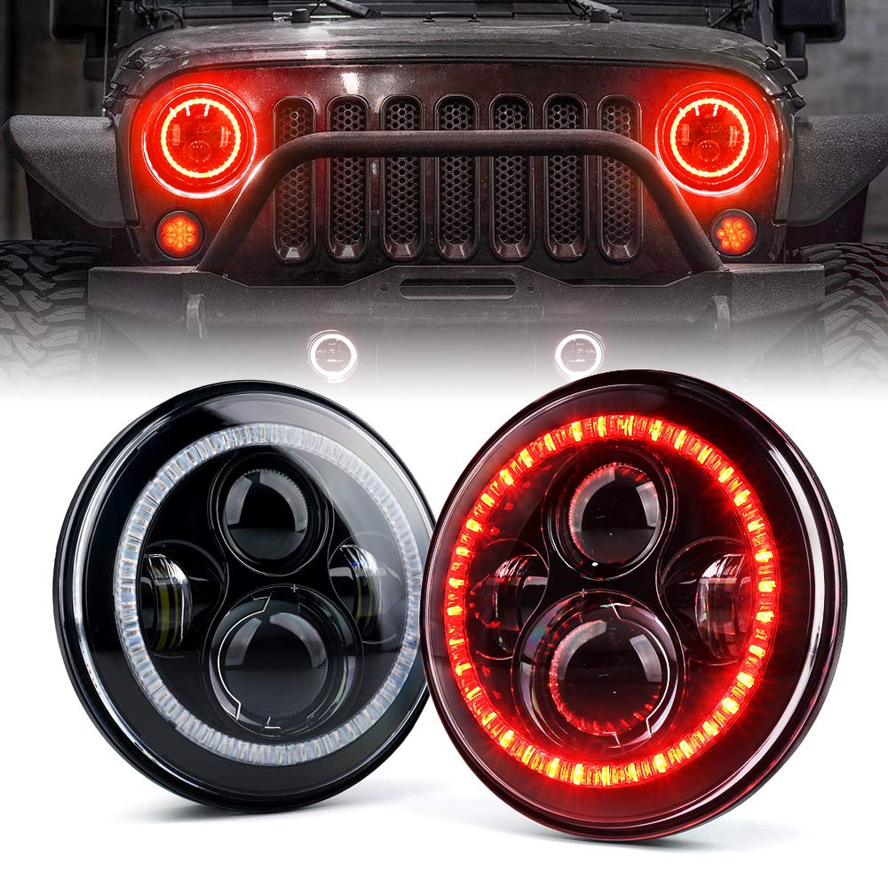 Xprite 7 Inch 90W Led Headlights With Red Halo Ring Angel Eyes Compatible With 1997-2018 Jeep Wrangler Jk Tj Lj(Dot Approved), 9