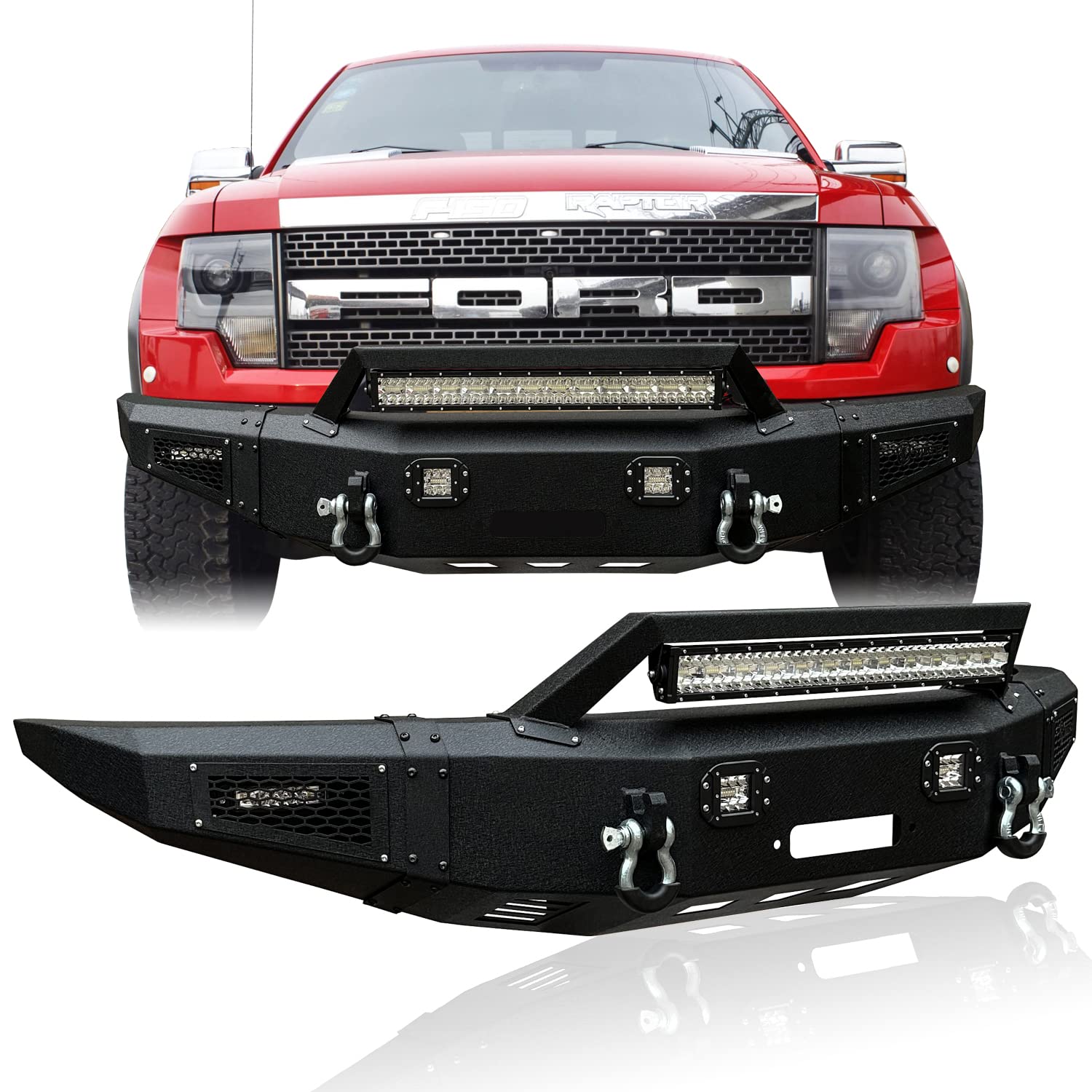Tioyar Front Bumper Compatible With 2009-2014 Ford F150 Raptor W/Winch Plate & 5 Led Lights & 2 4.75T D-Rings