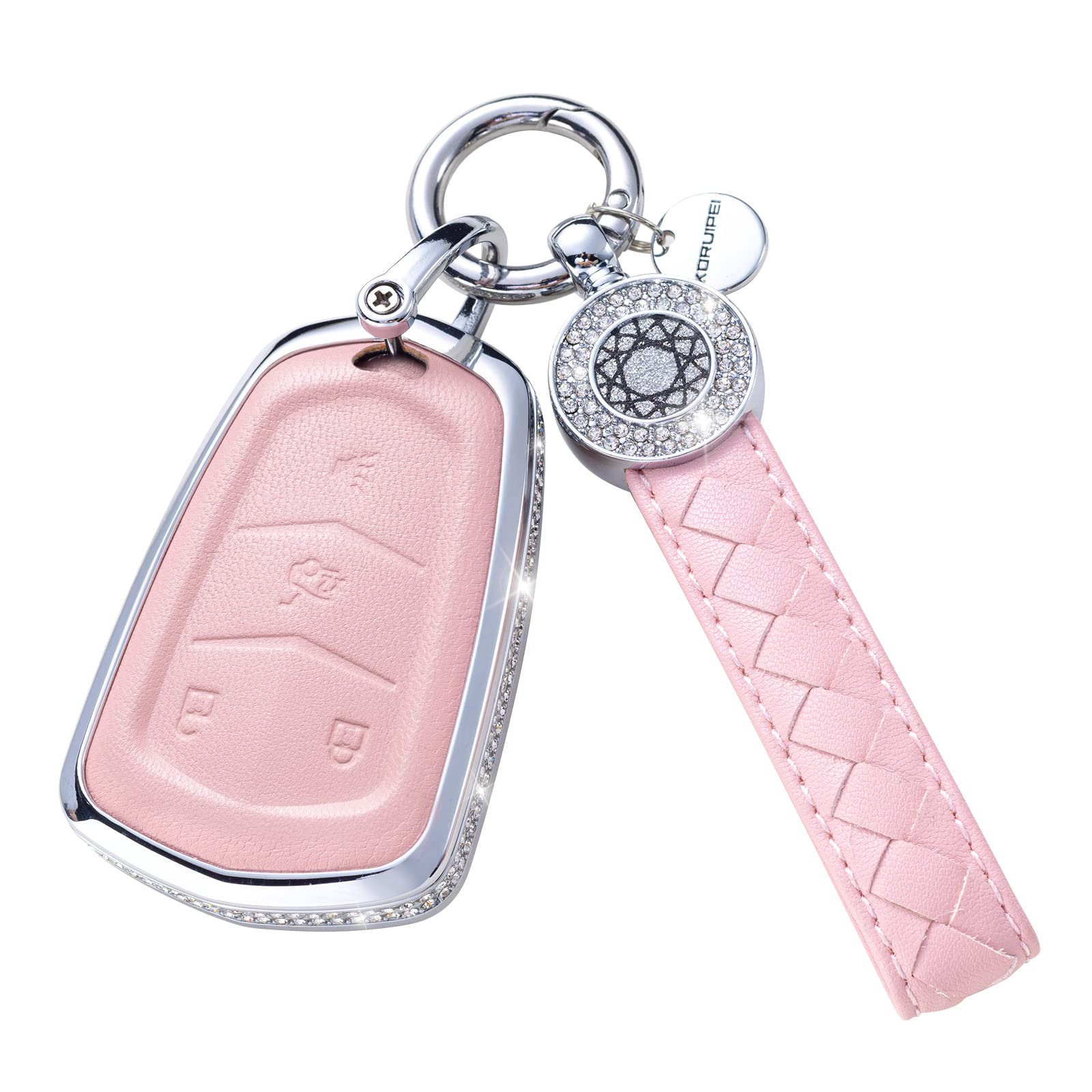 Ruabiban For Cadillac Key Fob Cover With Keychain, Pink Genuine Leather Crystal Key Case Protection Shell Compatible With Cadill