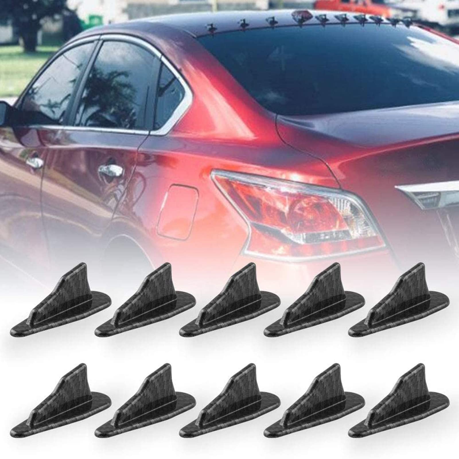 Rulline 10Pcs/Set Diffuser Shark Fin Kit Compatible With Spoiler Roof Wing Air Vortex Generator Carbon Fiber Pattern
