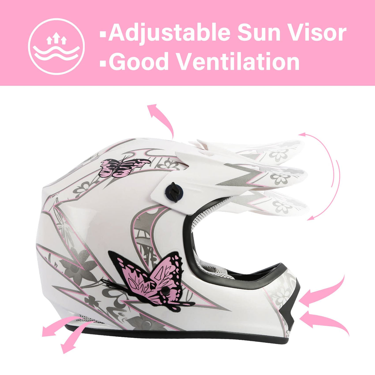 TCT-MOTORPARTS DOT Helmet + Goggles +Gloves Youth Kids Pink Butterfly Helmet Off WBCARB07YZFSDYD