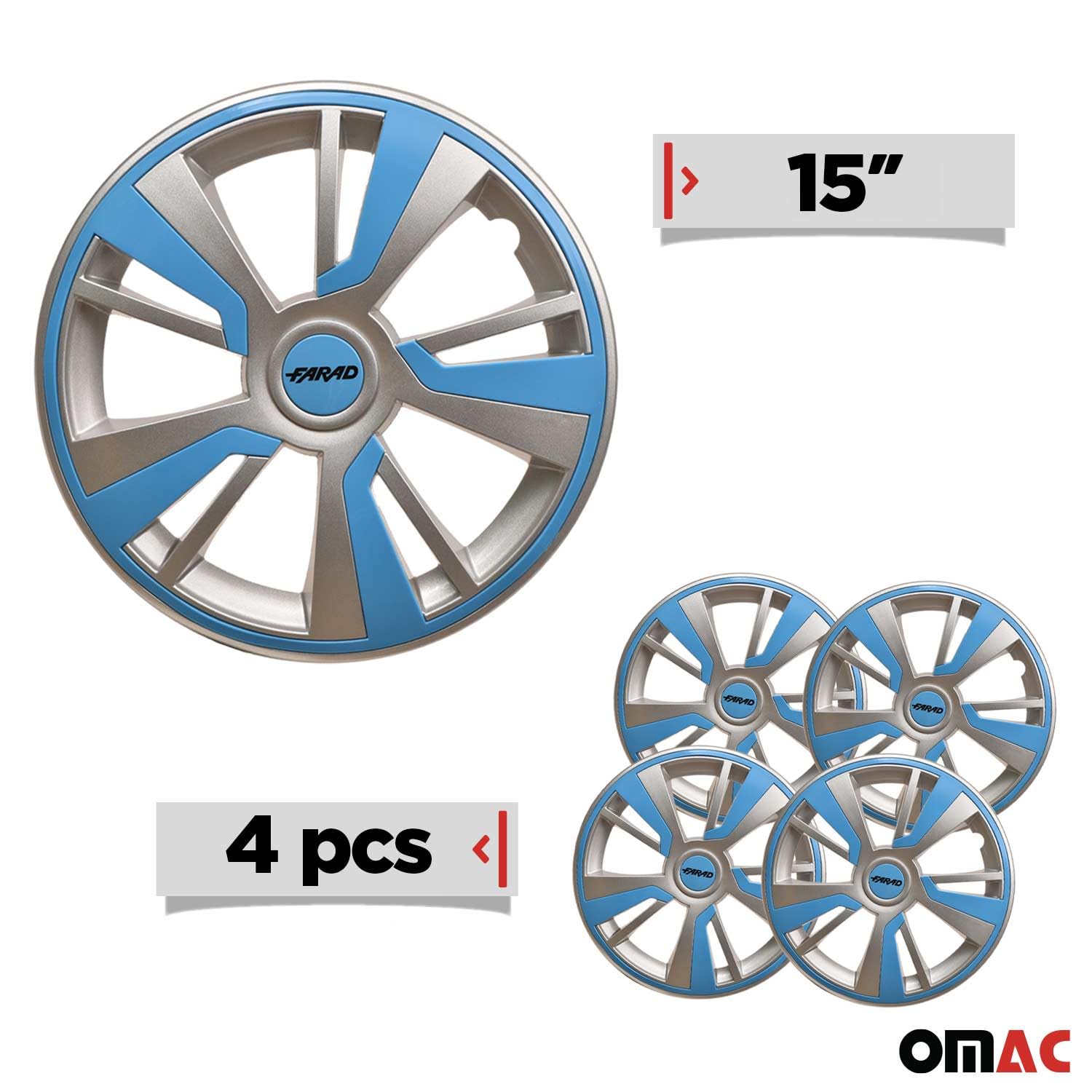 Omac - Gray With Blue Hub Caps 15 Inch Set Of 4, Tapas Para Rines 15, Premium Wheel Covers 15 Inch, R15 Rim Cover Set, Snap On D
