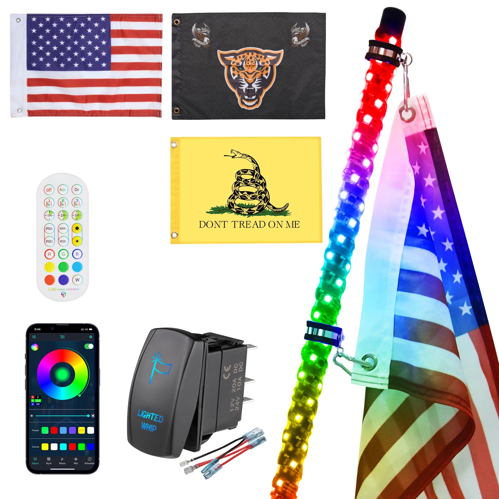 Ehaho 1 Pack 4Ft Whip Lights,Led Whip Light With App & Remote Control, Spiral Rgb Chasing Lighted Whips With Rocker Switch, Musi