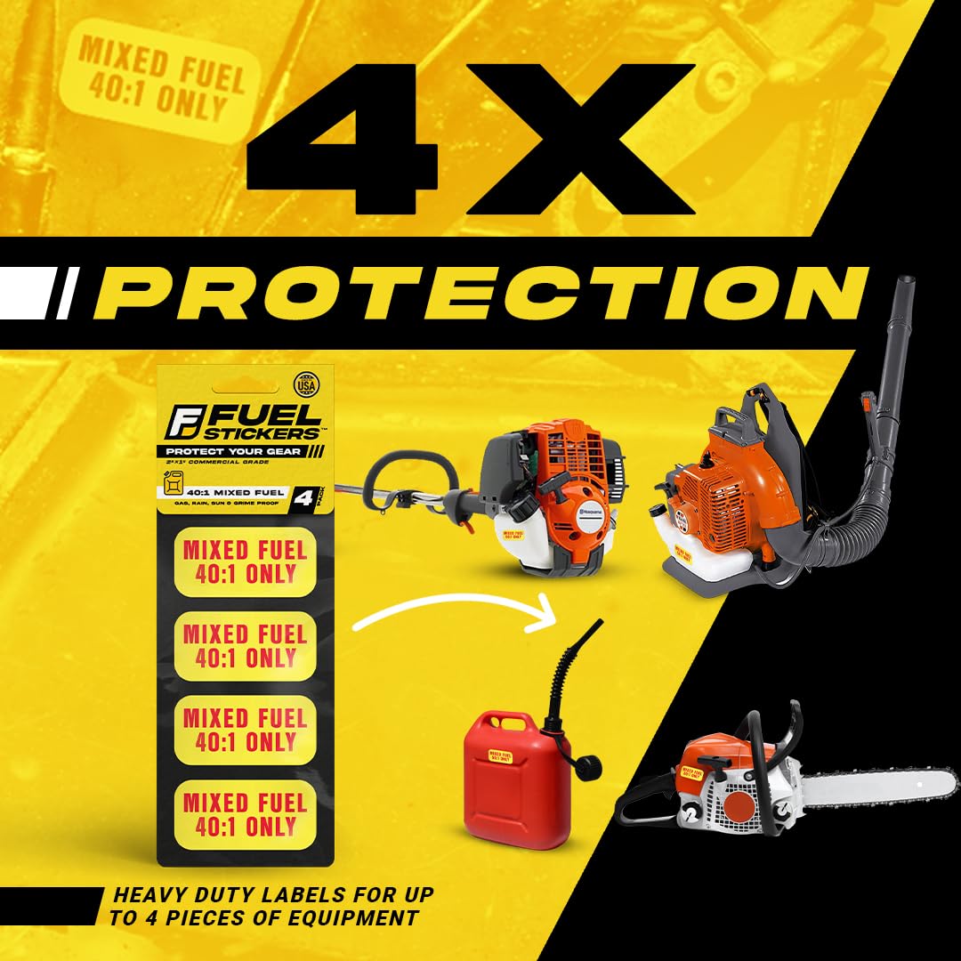 Mixed Fuel 40:1 Sticker, Gas Oil Mix Labels For Outdoor Fuel Power Equipment - Weather Proof, Extreme Stick, Commercial Grade La