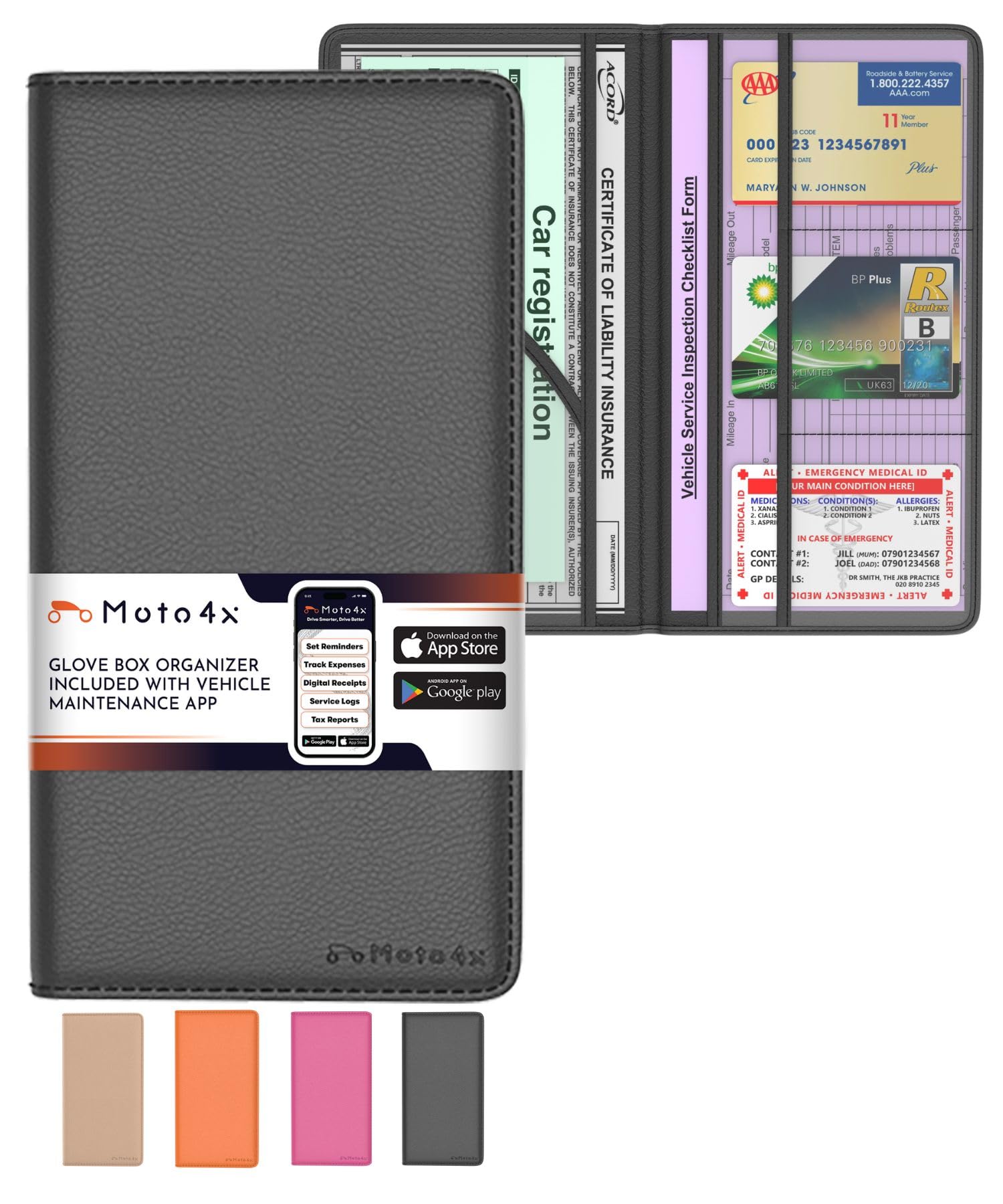 Moto4X Premium Leather With Magnetic Shut Car Registration And Insurance Card Holder, Glove Box Organizer For License, Cards & D
