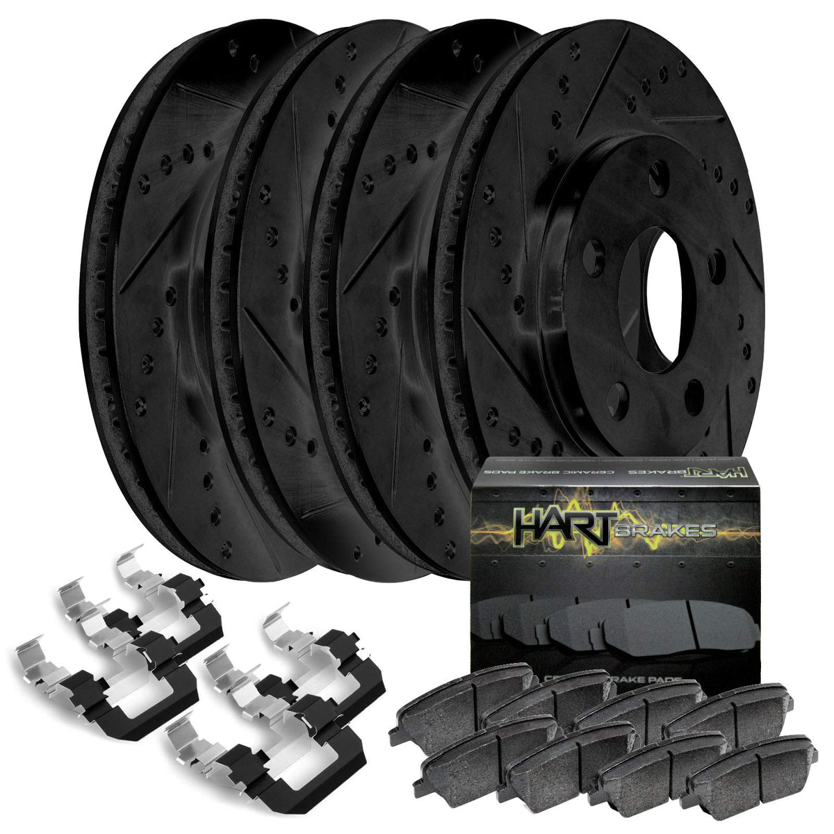 Hart Brakes Front Rear Brake Rotors Black Drilled Slotted Ceramic Pads Compatible 2005-2021 Chrysler 300, Dodge Challenger, Char
