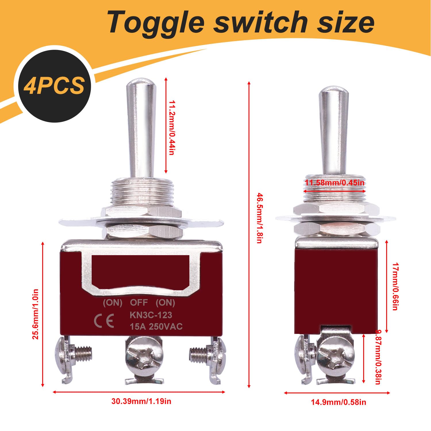 Weideer 4Pcs Waterproof Momentary Toggle Switch 12V 30A (On)-Off-(On) 3 Pin 3 Position Spdt Heavy Duty Marine Switch With Waterp